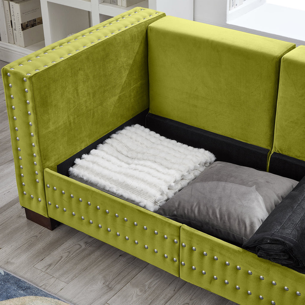 Modern Design Living Room Sofa 2+3 Seater Square armrest with Silver Nails Decoration Upholstered Velvet Couch Green