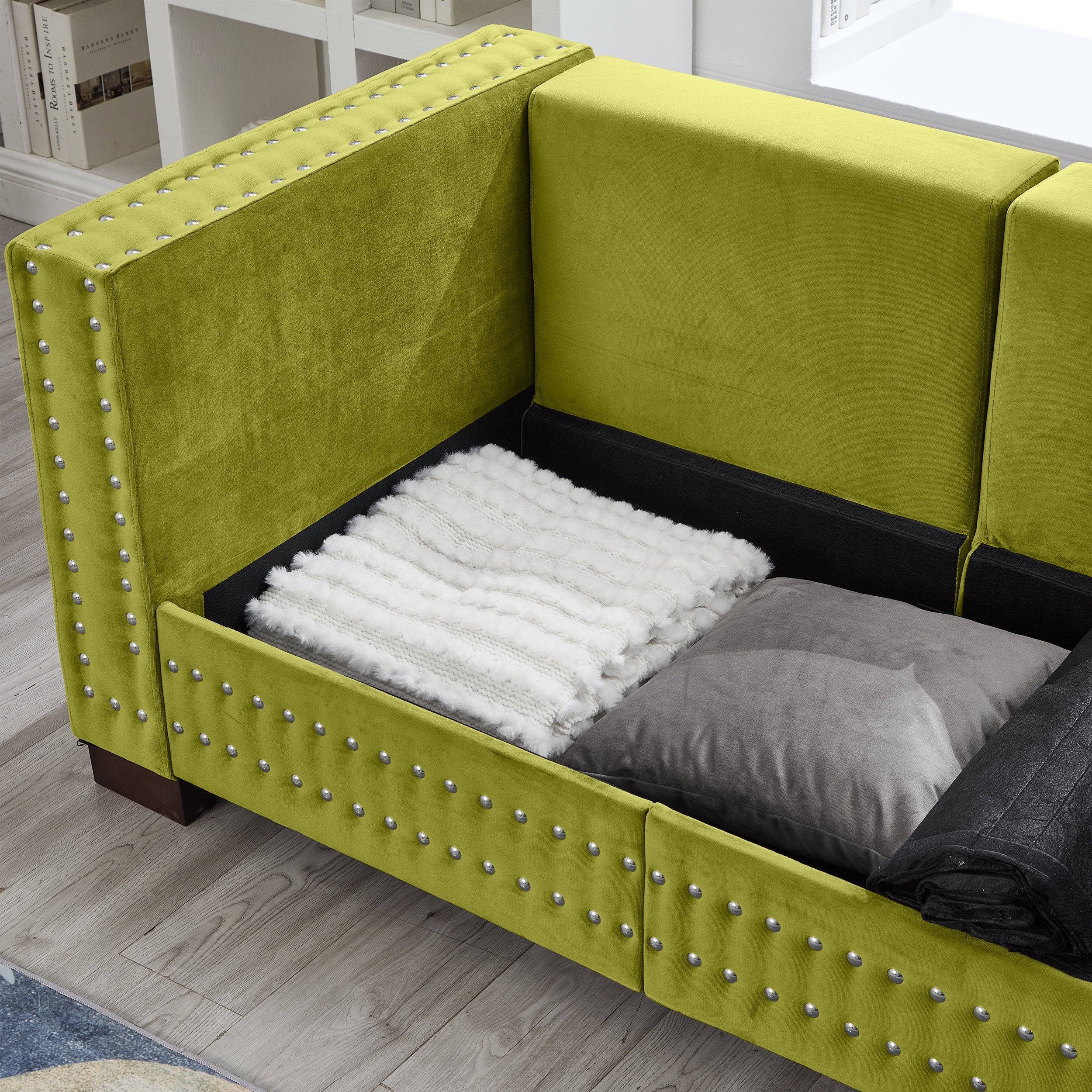 Modern Design Living Room Sofa 2+3 Seater Square armrest with Silver Nails Decoration Upholstered Velvet Couch Green