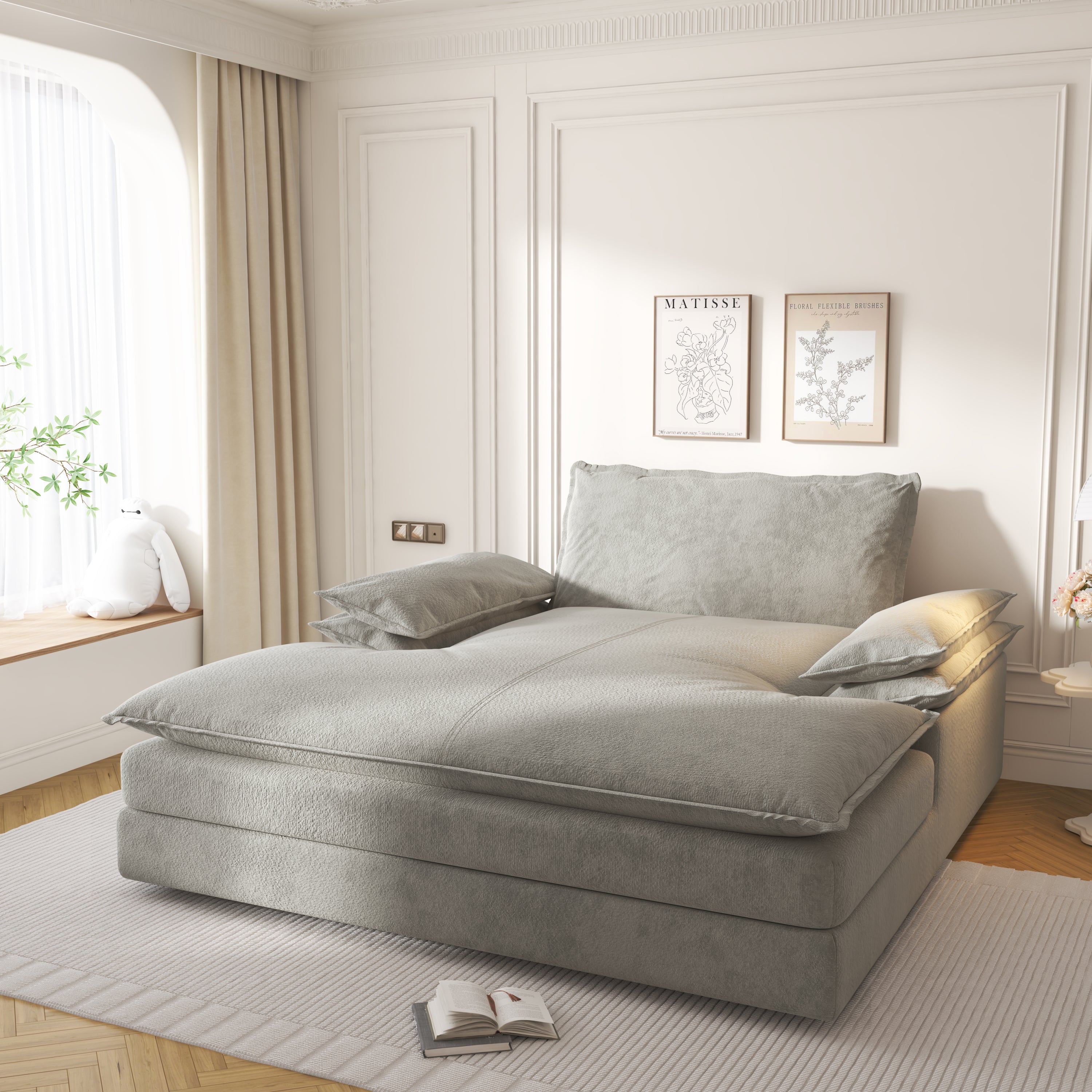 Modern Oversized Double Chaise Lounge Chair,Deep Seat Upholstered Reading Chair with Detachable Design,Chenille Lazy Sofa w/ Large Pillows & Wide Armrests,Suitable for Living Rooms, Apartments,Grey