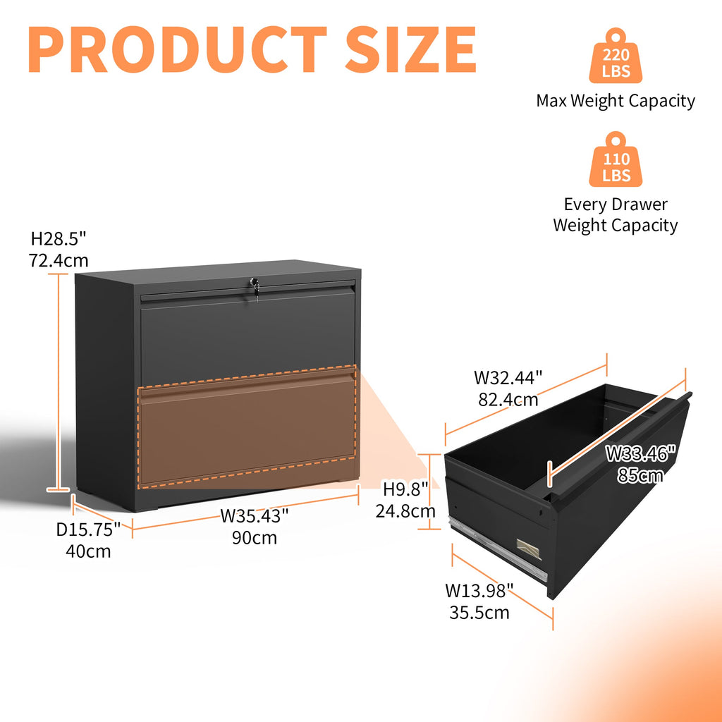 Modern Black 2-Drawer Steel Lateral File Cabinet with Lock for Legal/Letter/A4/F4 Size
