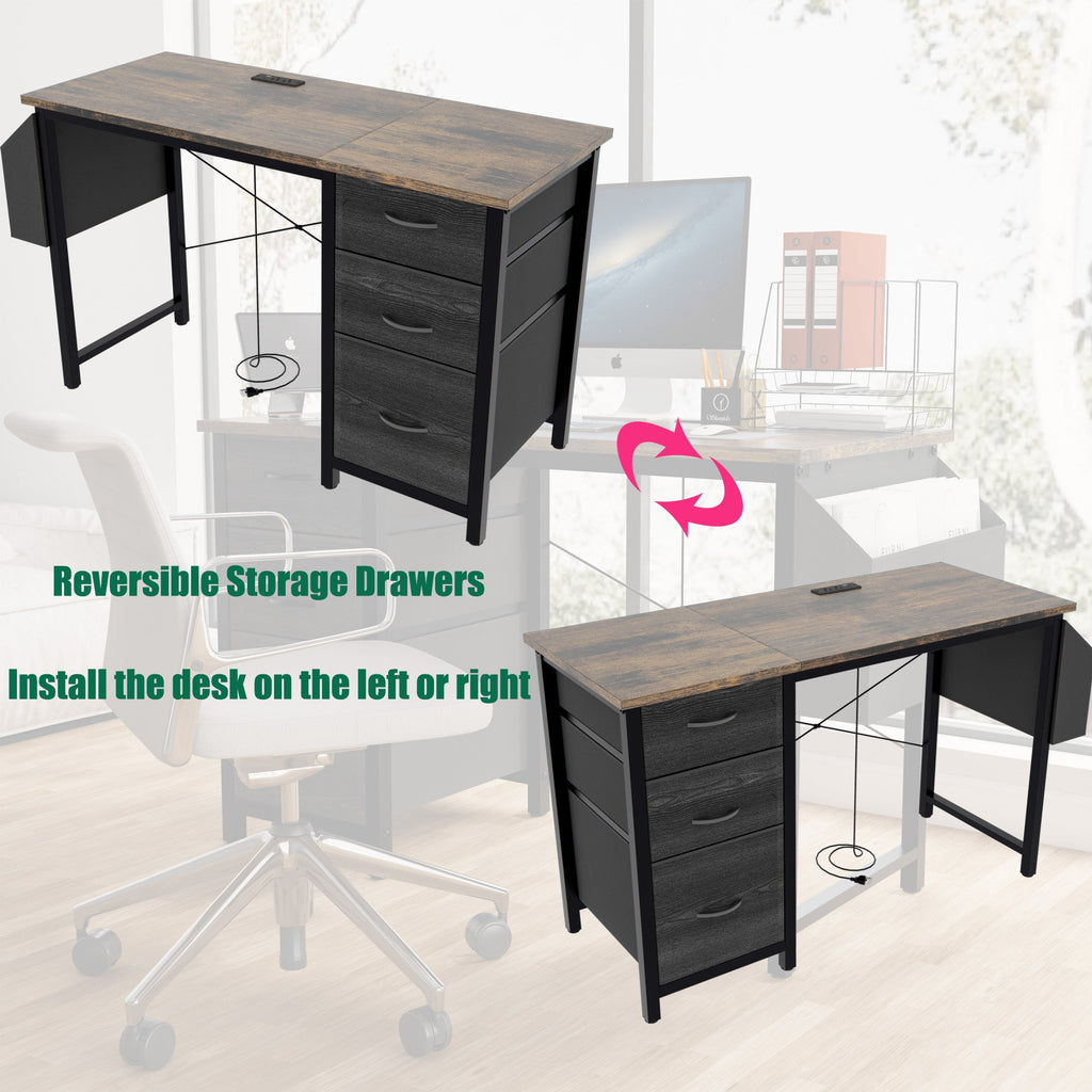47.3'office desk with power outlet,3drawers and Side Pocket, Easy to Assemble,Frame stability Reversible for Home Office Study,Rustic Brown