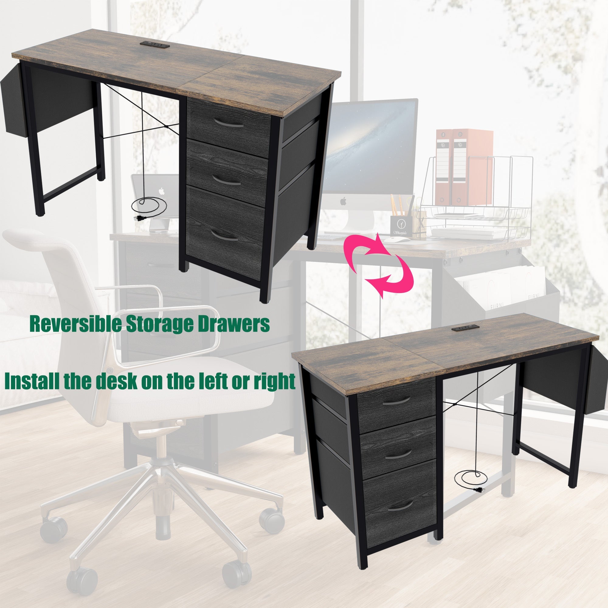 47.3'office desk with power outlet,3drawers and Side Pocket, Easy to Assemble,Frame stability Reversible for Home Office Study,Rustic Brown