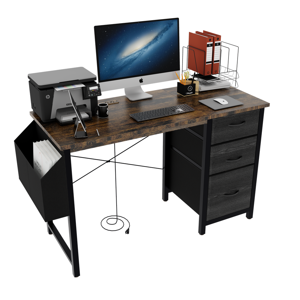 47.3'office desk with power outlet,3drawers and Side Pocket, Easy to Assemble,Frame stability Reversible for Home Office Study,Rustic Brown