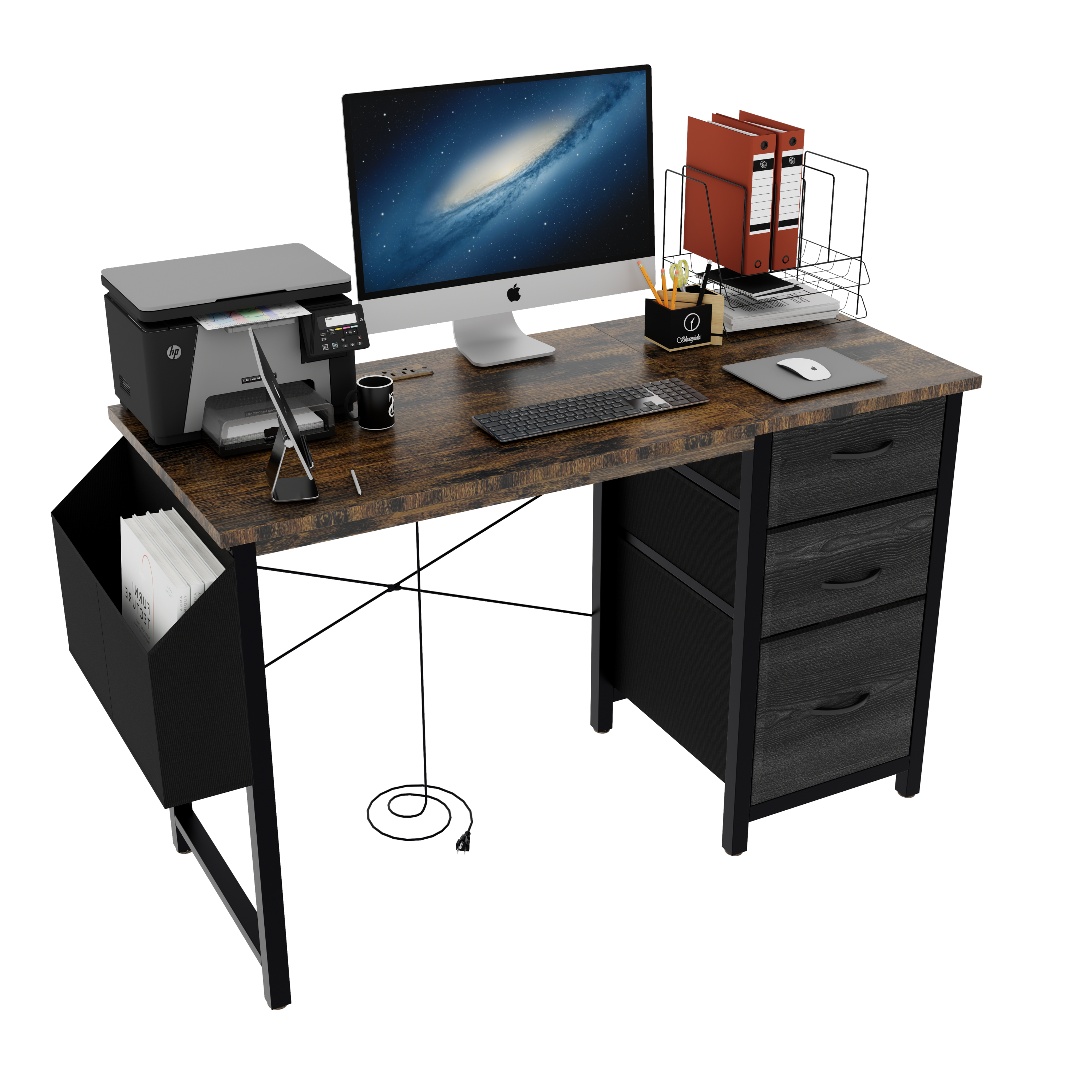 47.3'office desk with power outlet,3drawers and Side Pocket, Easy to Assemble,Frame stability Reversible for Home Office Study,Rustic Brown
