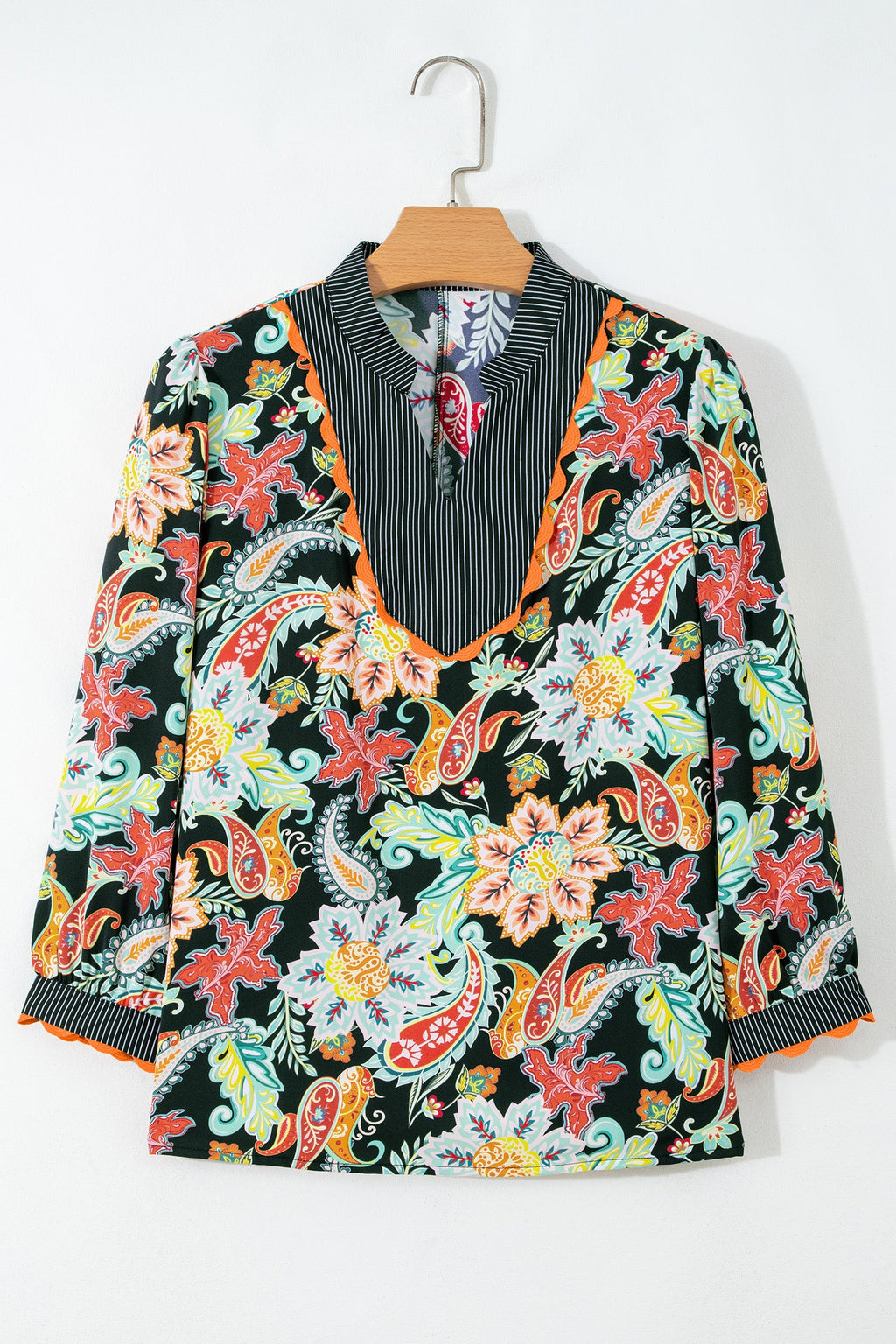 Floral Stripe Patchwork Ricrac Trim Blouse