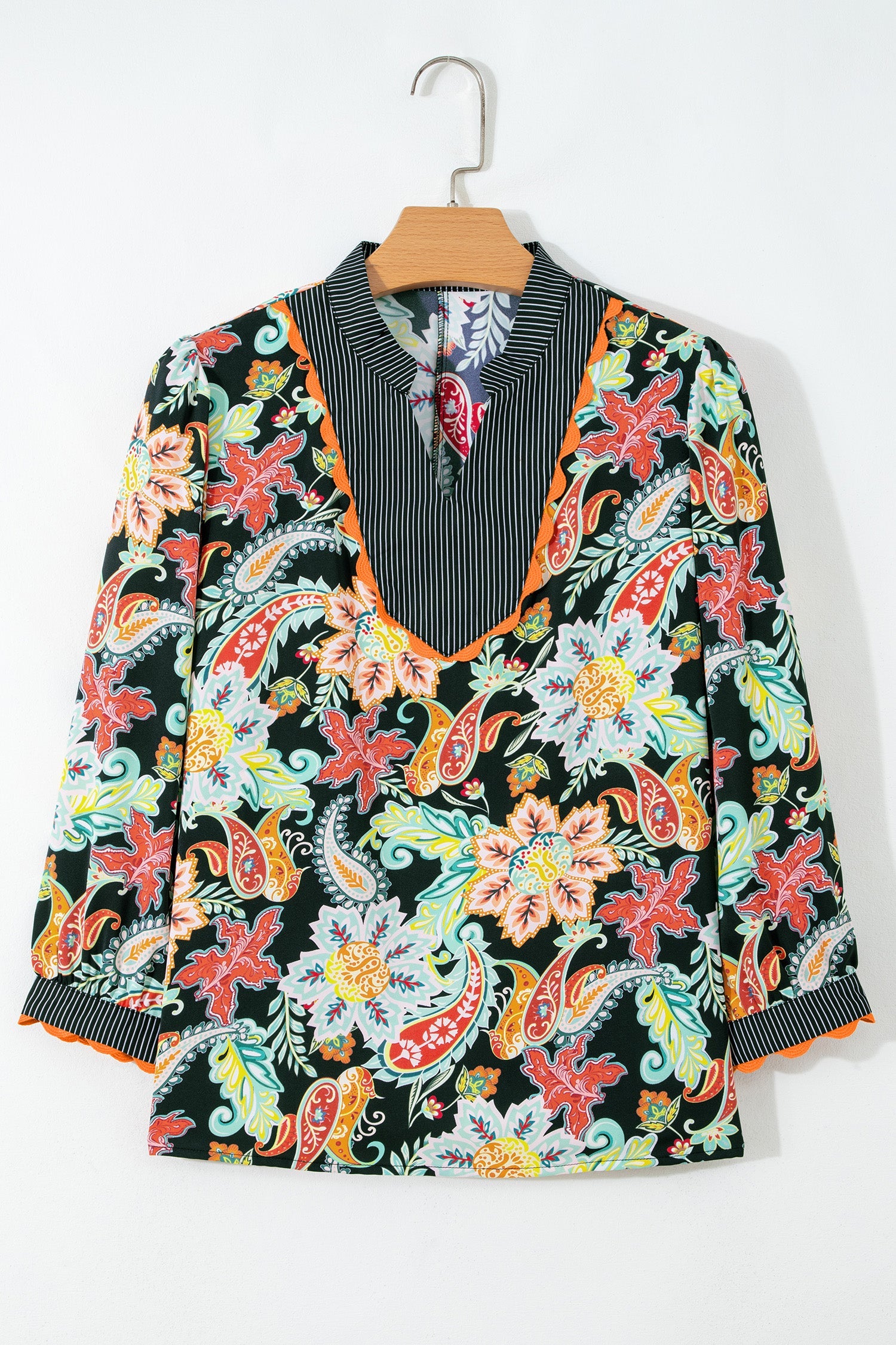 Floral Stripe Patchwork Ricrac Trim Blouse