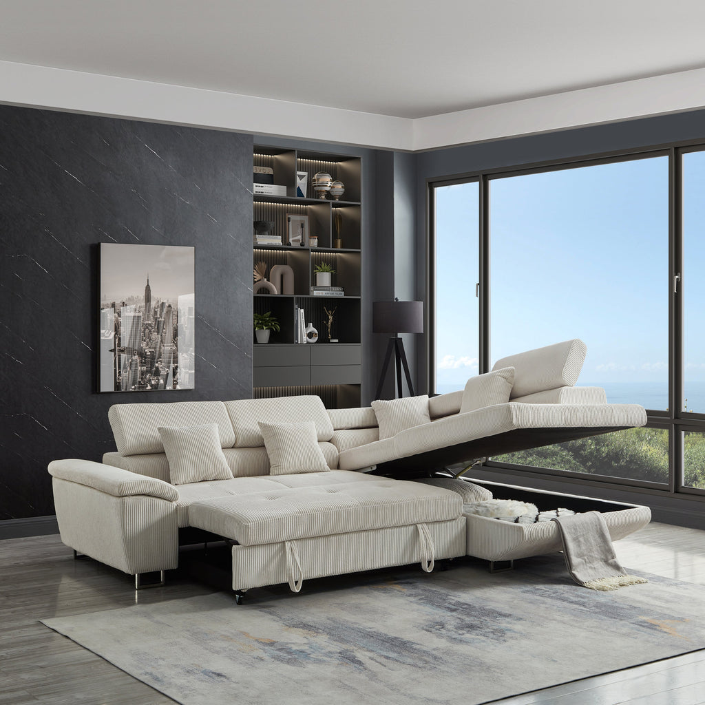 104.3'' Pull Out Sofa Bed with Storage Left Chaise Sofa Bed Corduroy Velvet Upholstery Beige