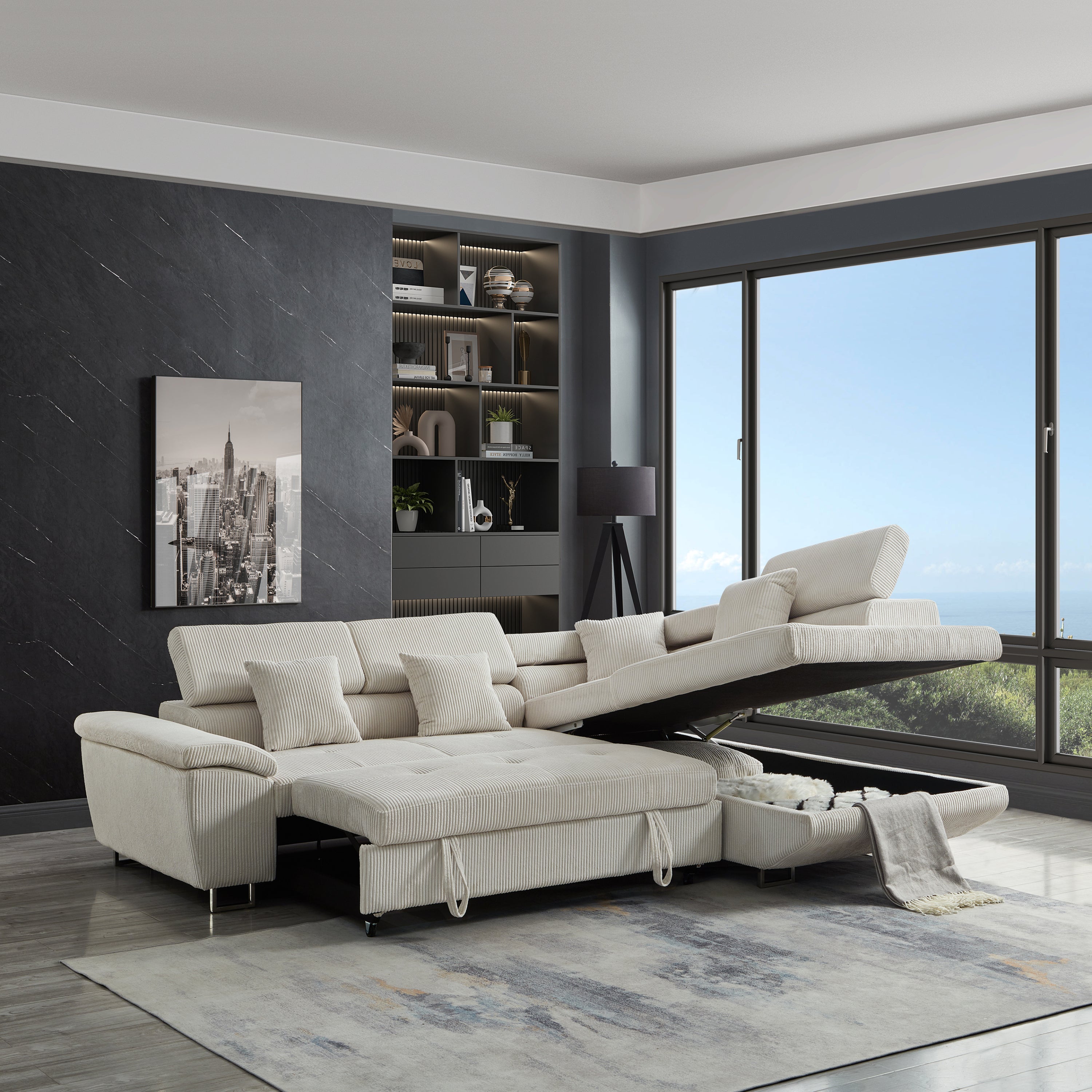 104.3'' Pull Out Sofa Bed with Storage Left Chaise Sofa Bed Corduroy Velvet Upholstery Beige