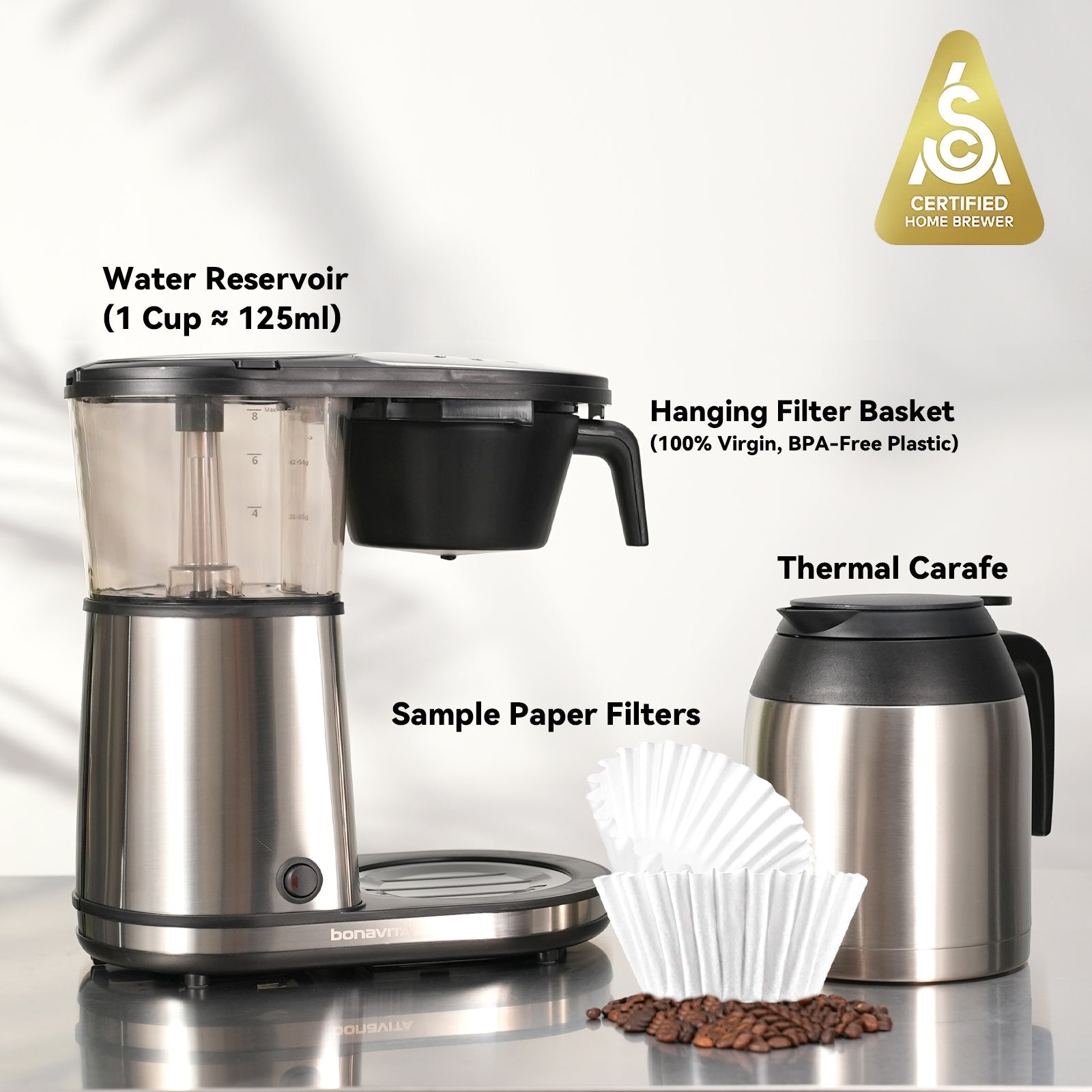 Connoisseur 8-Cup Drip Coffee Brewer One-Touch with Thermal Carafe and Hanging Basket - SCA Certified Home Brewer
