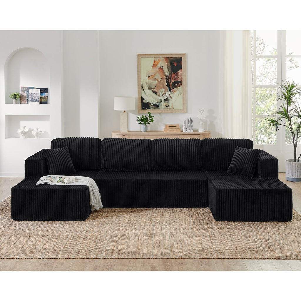 Modern Minimalist U-Shape Modular Sectional Sofa Sleeper in Black Corduroy, Comfy Space-Efficient Design