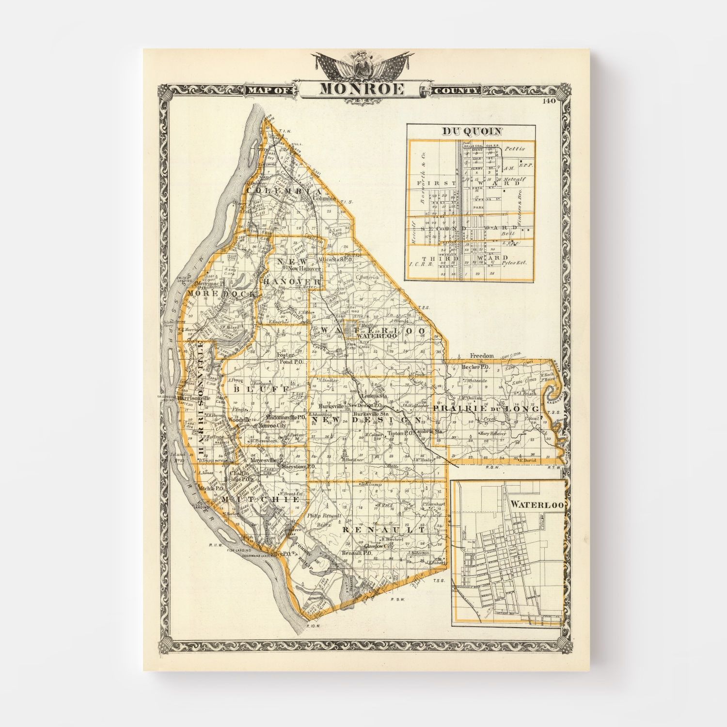 Vintage Map of Monroe County, Illinois 1876