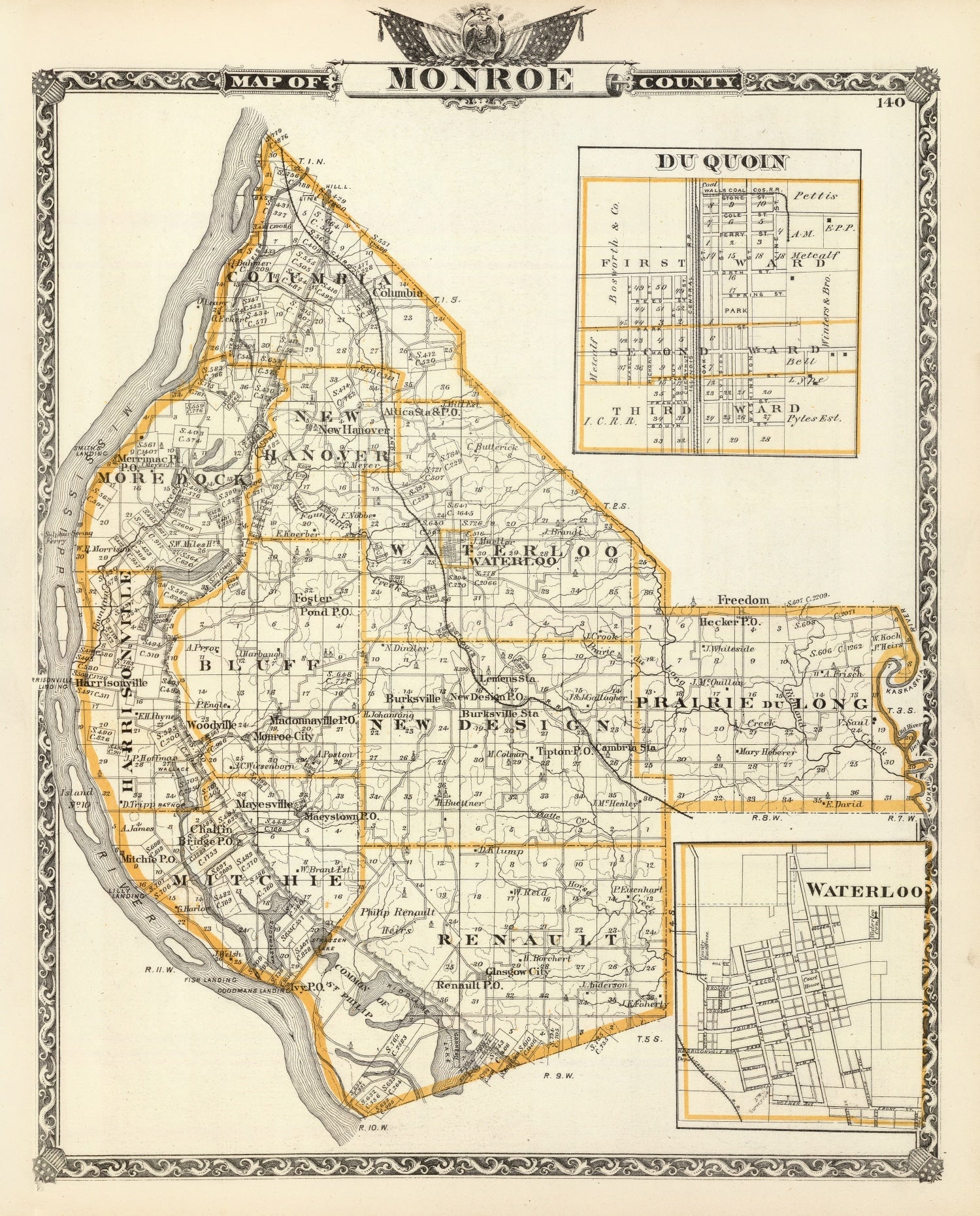Vintage Map of Monroe County, Illinois 1876