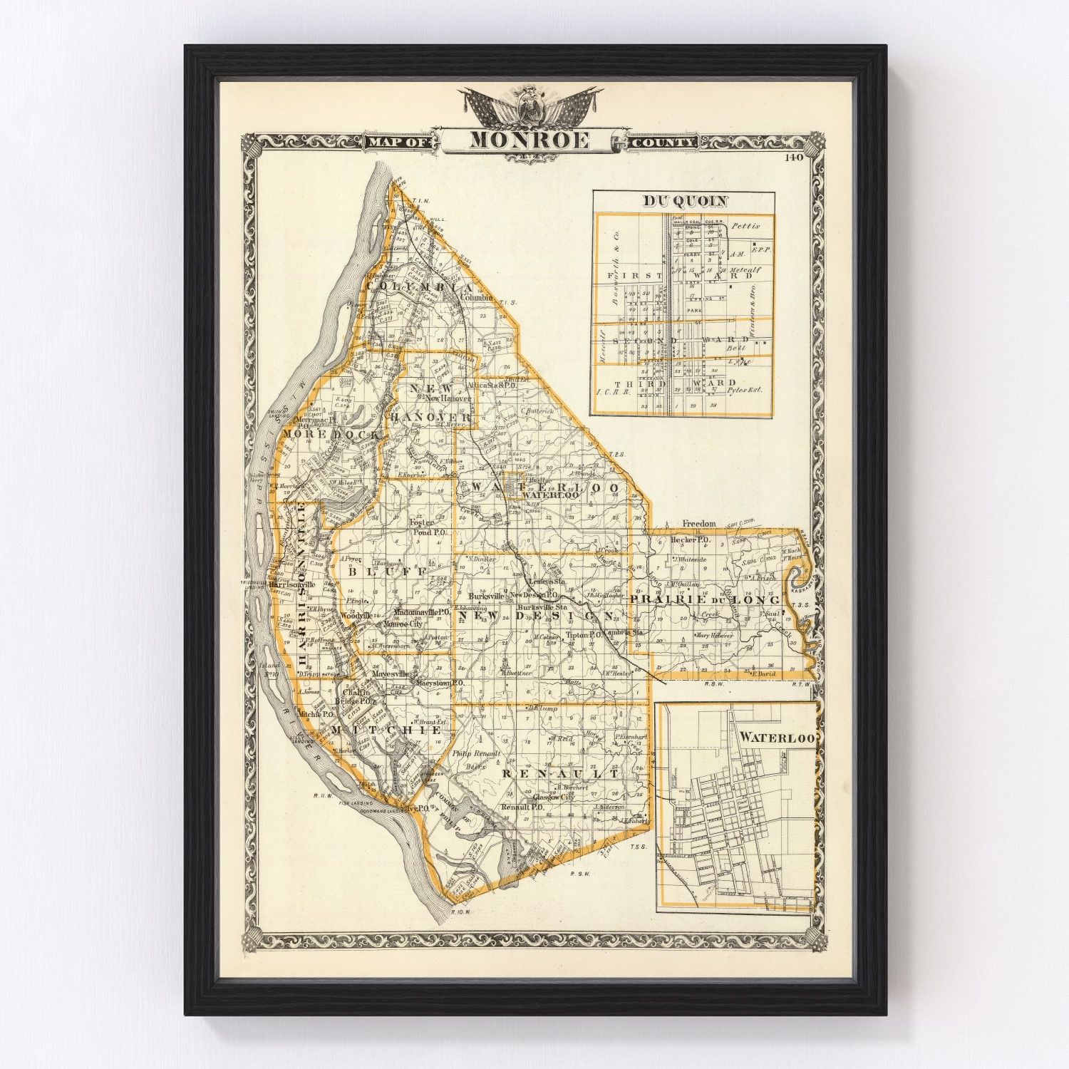 Vintage Map of Monroe County, Illinois 1876