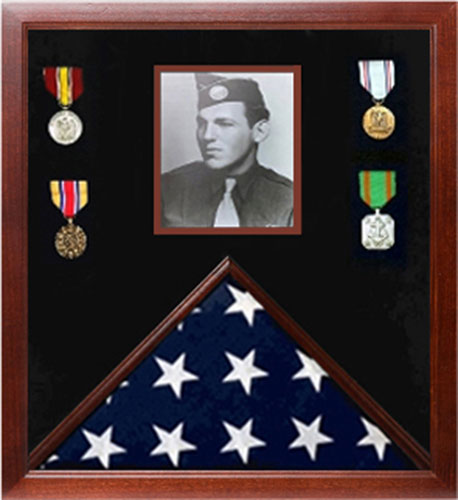 Photo Flag and Medal Display Case, Flag and Photo Frame - Cherry
