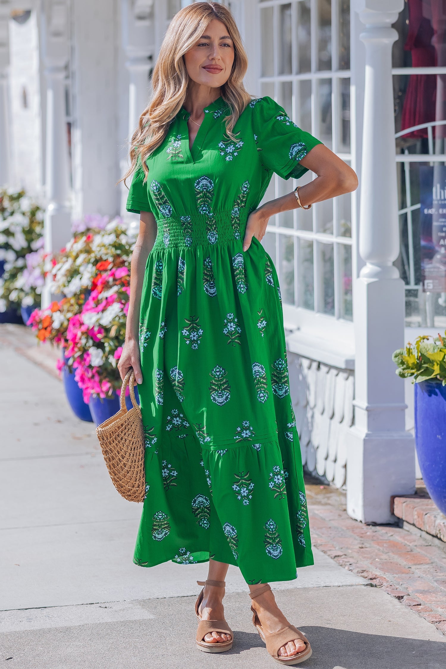 Floral Split Neck Shirred High Waist Maxi Dress
