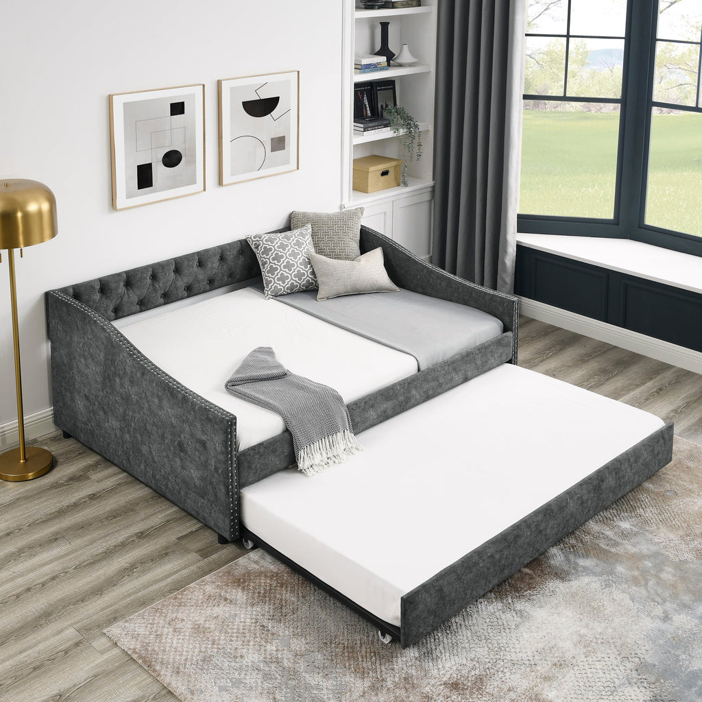 Full Size Daybed with Twin Size Trundle Upholstered Tufted Sofa Bed, with Button on Back and Copper Nail on Waved Shape Arms,Grey (80.5'x55.5'x27.5')