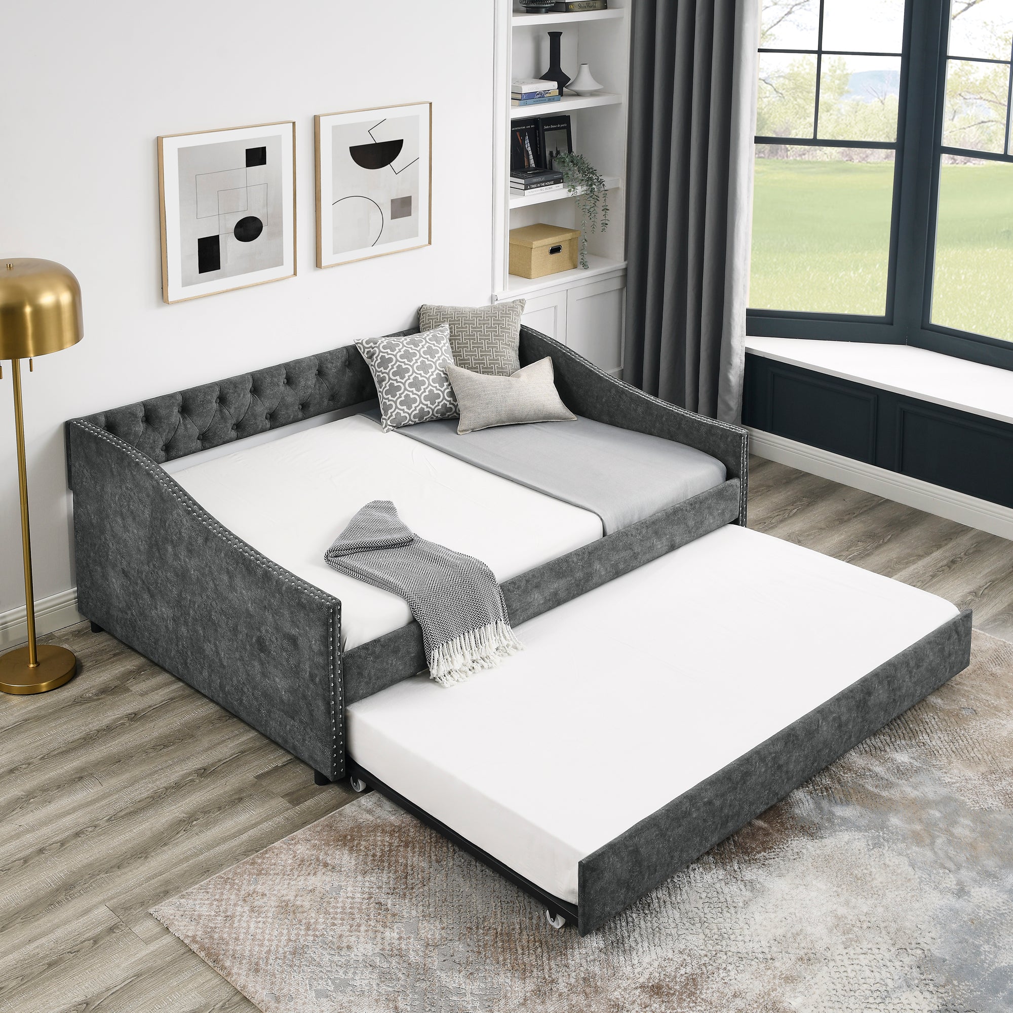Full Size Daybed with Twin Size Trundle Upholstered Tufted Sofa Bed, with Button on Back and Copper Nail on Waved Shape Arms,Grey (80.5'x55.5'x27.5')