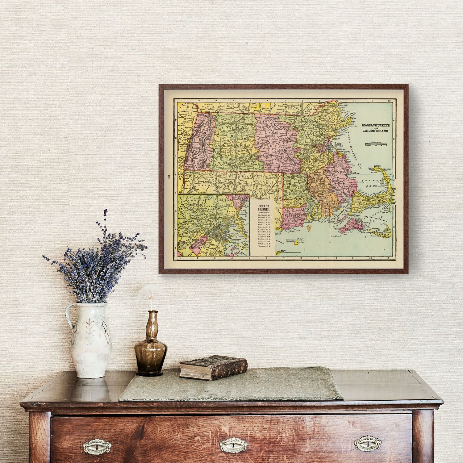 Vintage Map of Massachusetts & Rhode Island 1909