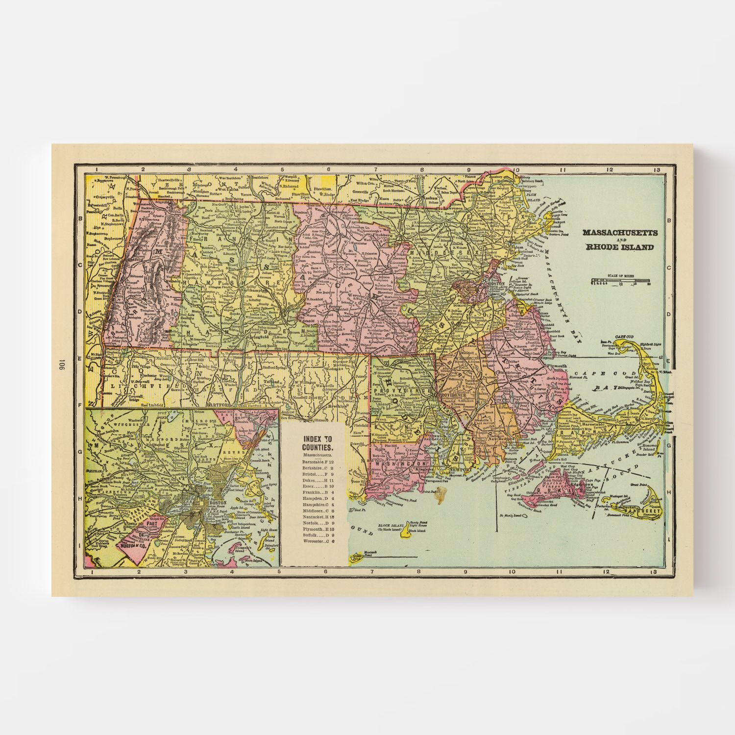 Vintage Map of Massachusetts & Rhode Island 1909