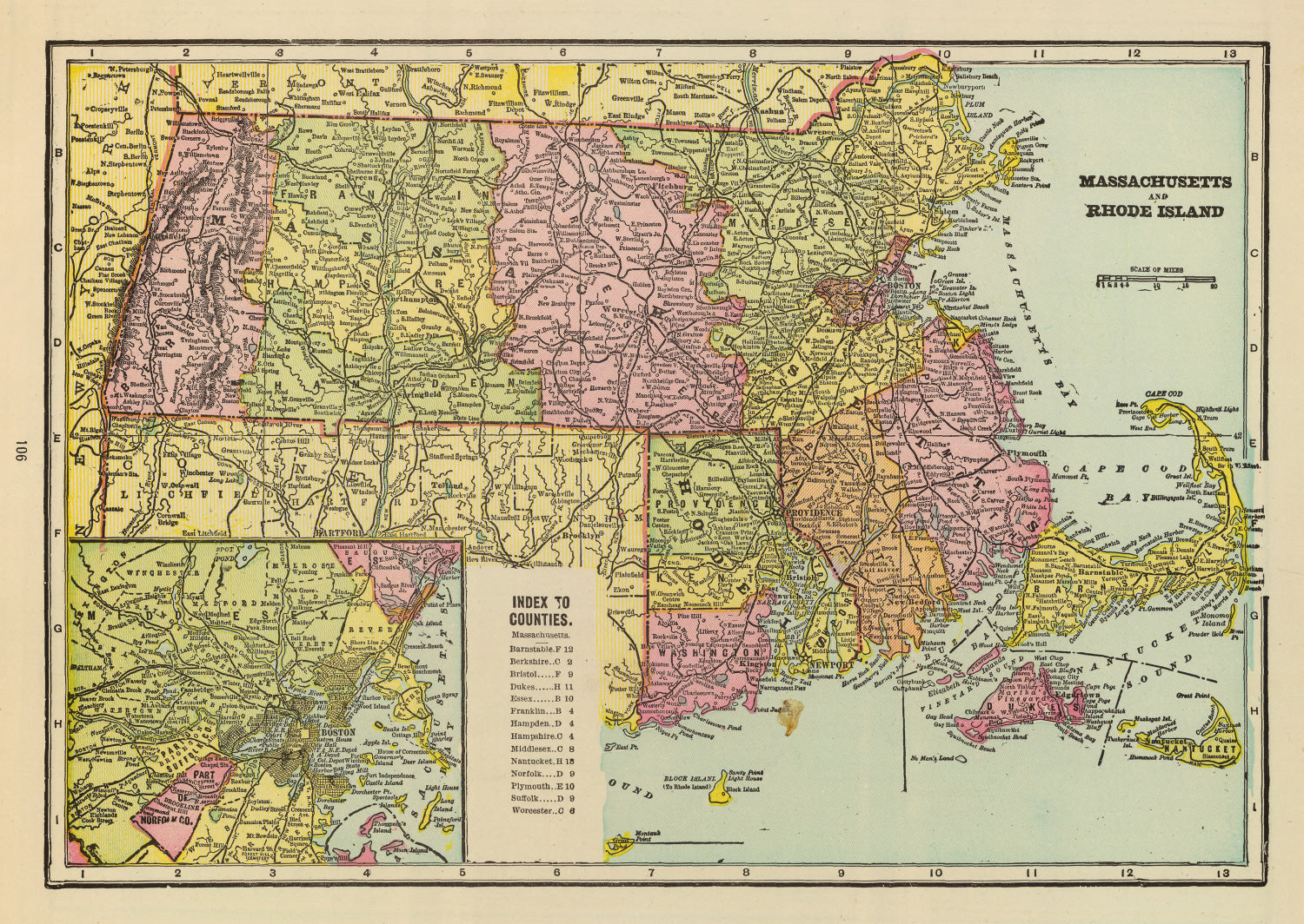 Vintage Map of Massachusetts & Rhode Island 1909