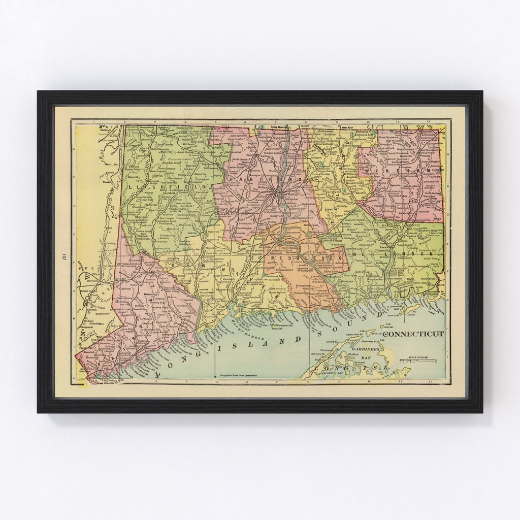 Vintage Map of Connecticut 1909