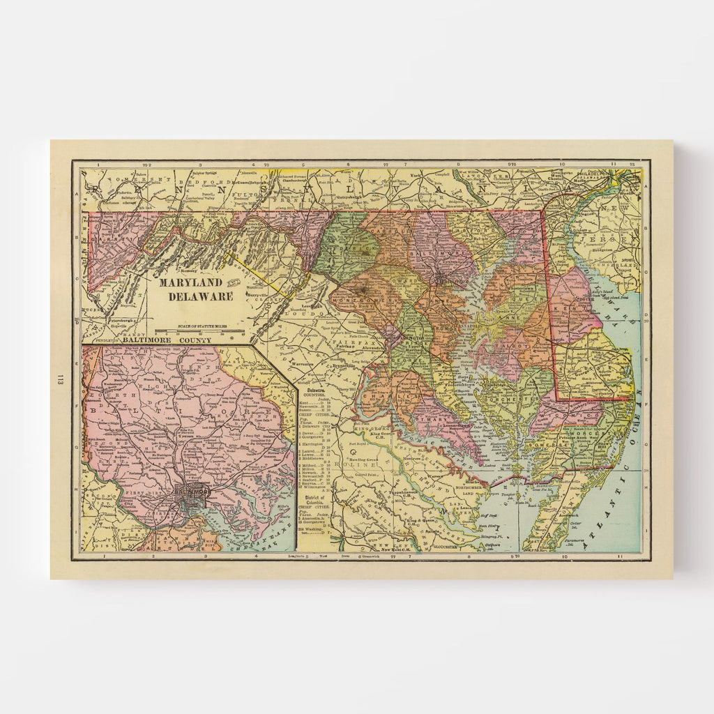 Vintage Map of Maryland & Delaware 1909