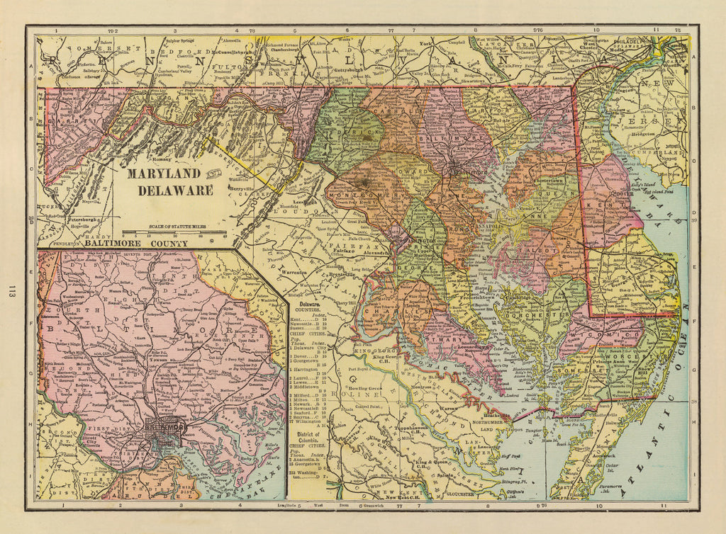 Vintage Map of Maryland & Delaware 1909
