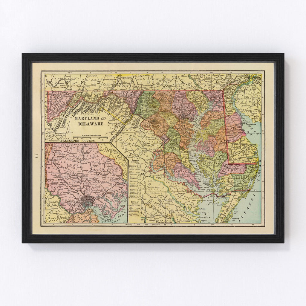 Vintage Map of Maryland & Delaware 1909