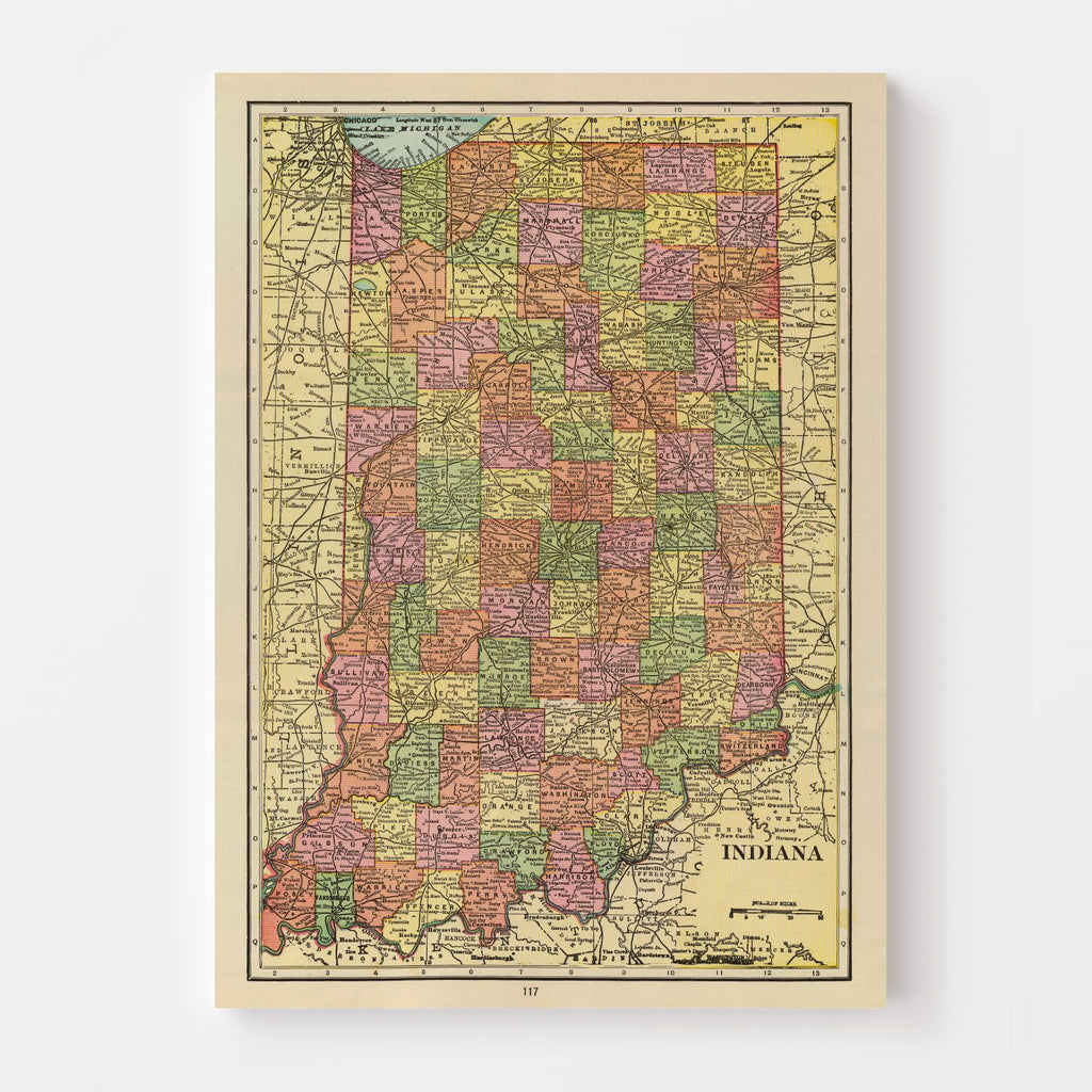 Vintage Map of Indiana 1909