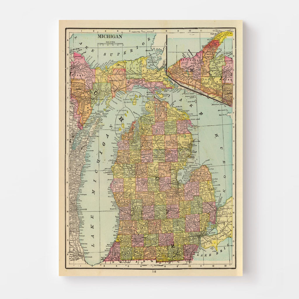 Vintage Map of Michigan 1909