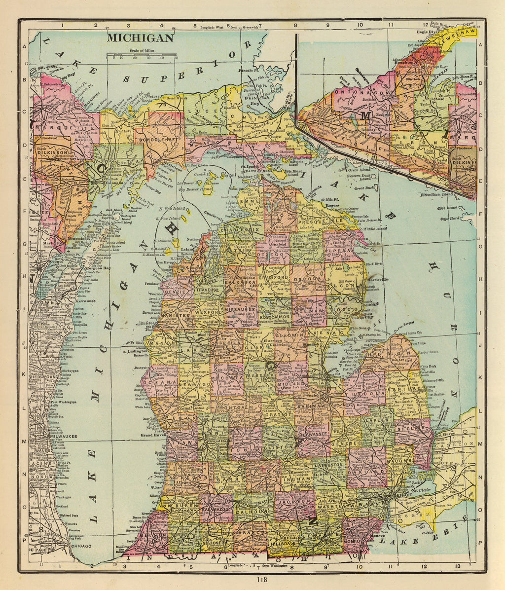 Vintage Map of Michigan 1909