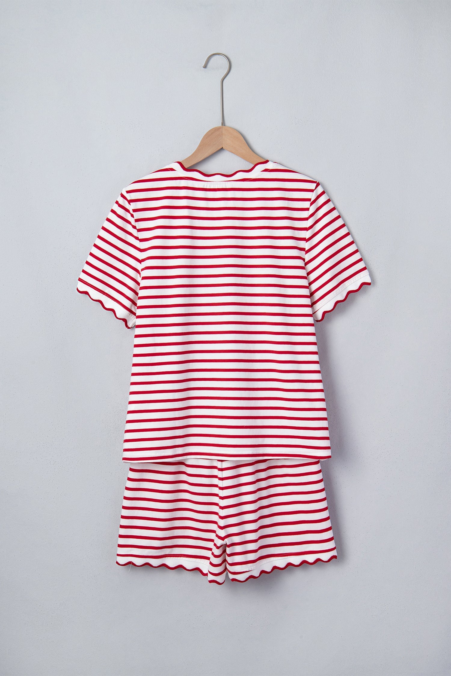 Stripe Scallop Trim Top & Elastic Waist Shorts Set