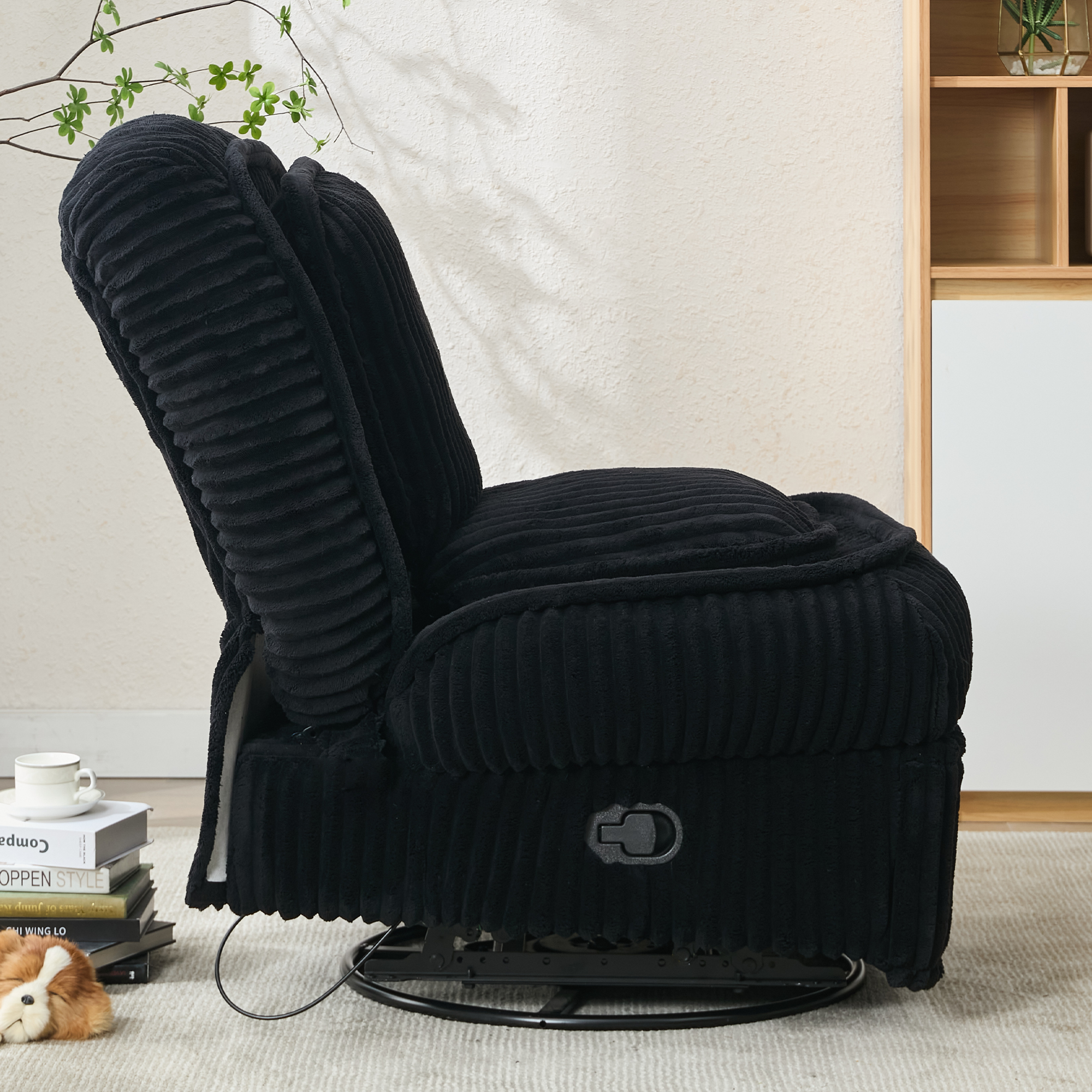 [NEW ARRIVED] 360° Swivel Rocking Single Sofa,Recliner Sofa, Manual Glider Rocking Armless Chair,Living Room Office, With Adjustable Backrest and Footrest and pillows, Small Spaces,Corduroy , Black