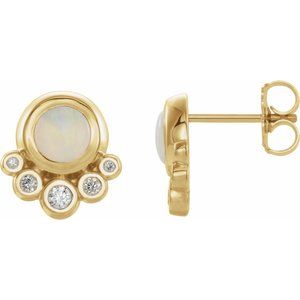 14K Yellow Gold Natural Opal & 1/8 CTW Natural Diamond Earrings