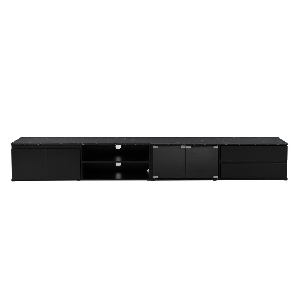 ON-TREND Modern APP Controlled LED TV Stand for TVs Up to 105'', Faux Marble Tabletop Media Console with Tempered Glass Doors, Entertainment Center with 2 Drawers & Cabinets for Living Room, Black