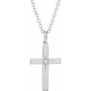 14K White Gold .0075 CT Natural Diamond Youth Cross 15" Necklace