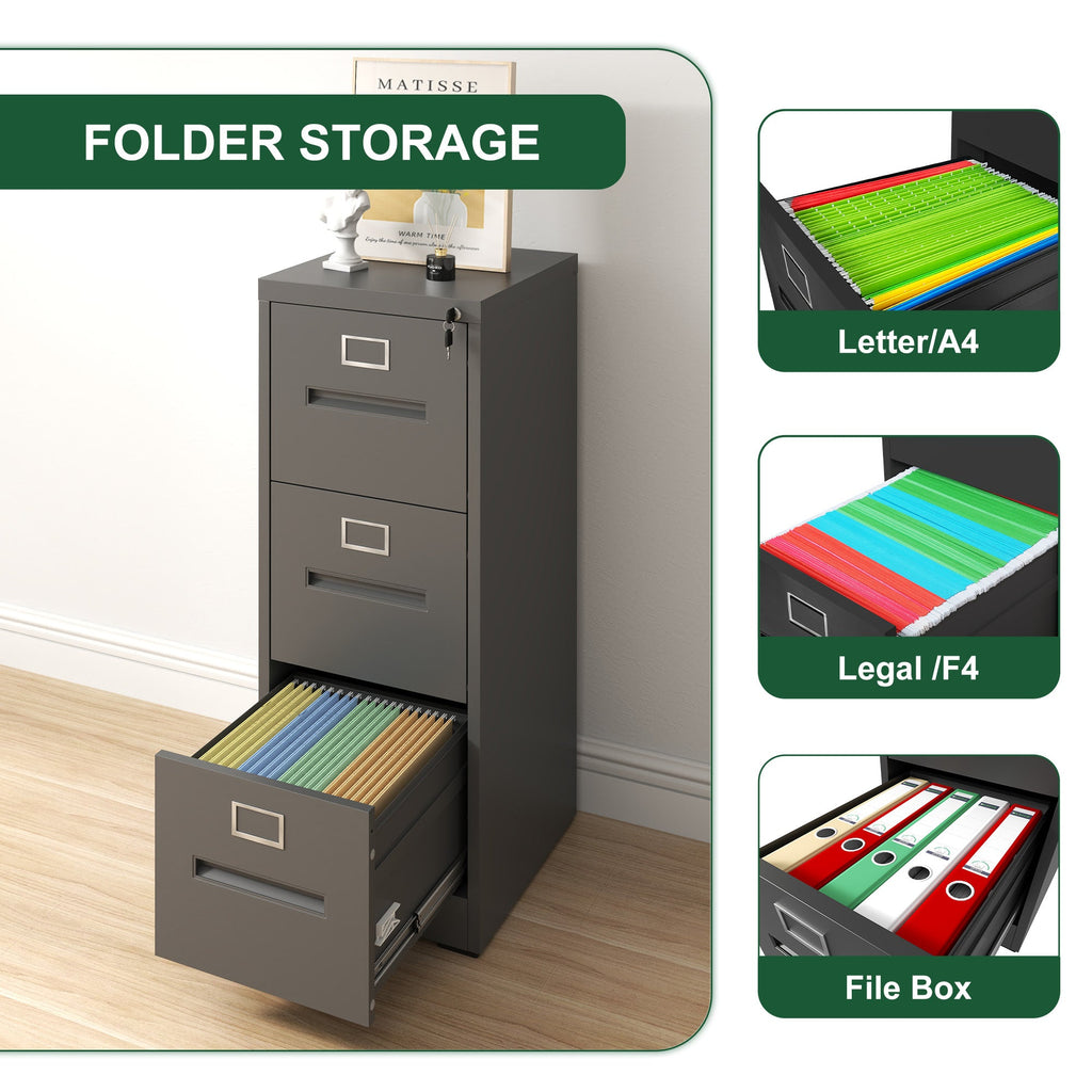 Premium Metal 3 Drawer File Cabinet with Lock for A4 Legal/Letter Size Storage, Black Steel, 15.16x17.72x40.39 inches