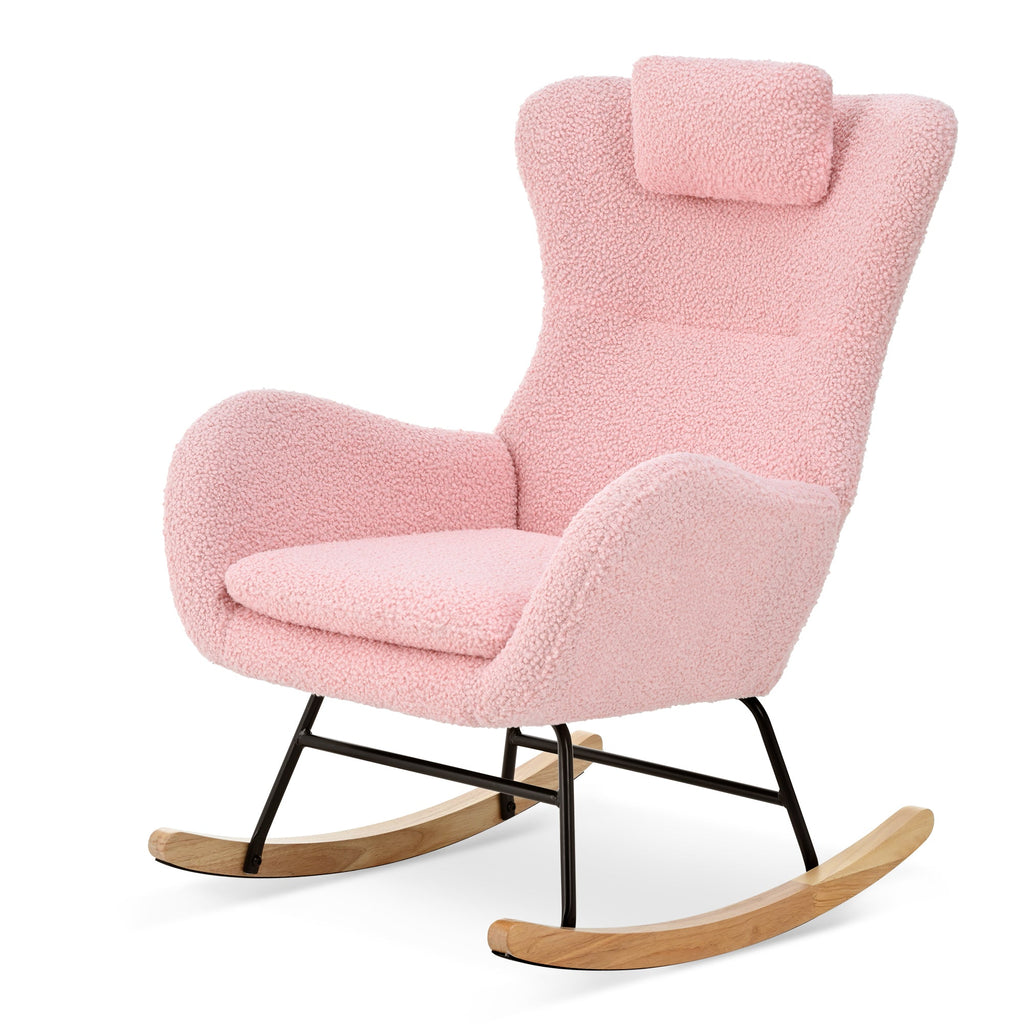 Rocking Chair Nursery, Teddy Upholstered Rocker Glider Chair with High Backrest, Adjustable Headrest & Pocket, Comfy Glider Chair for Nursery, Bedroom, Living Room, Offices, Rubber wood, pink