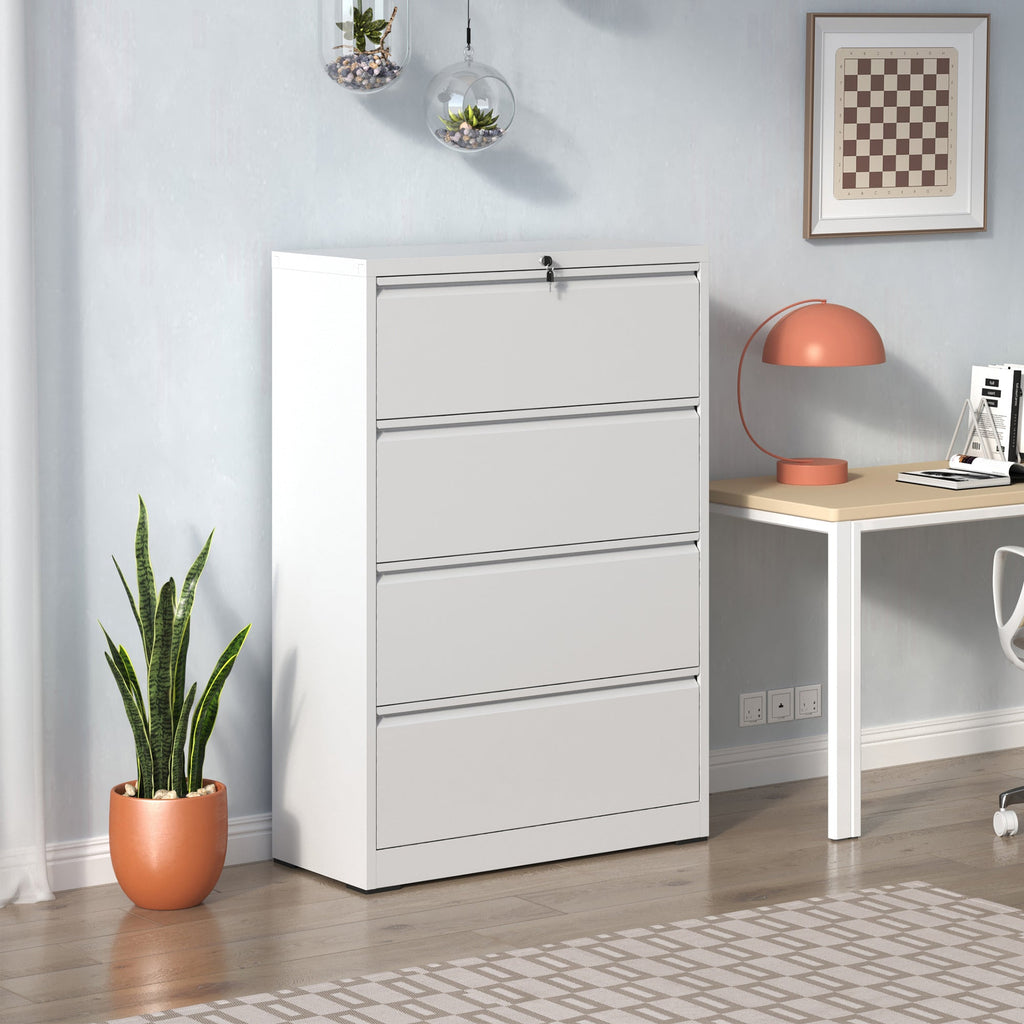 Modern Steel 4-Drawer Lateral File Cabinet with Lock, White Finish, Metal Construction, 35.43x15.75x52.28 inches