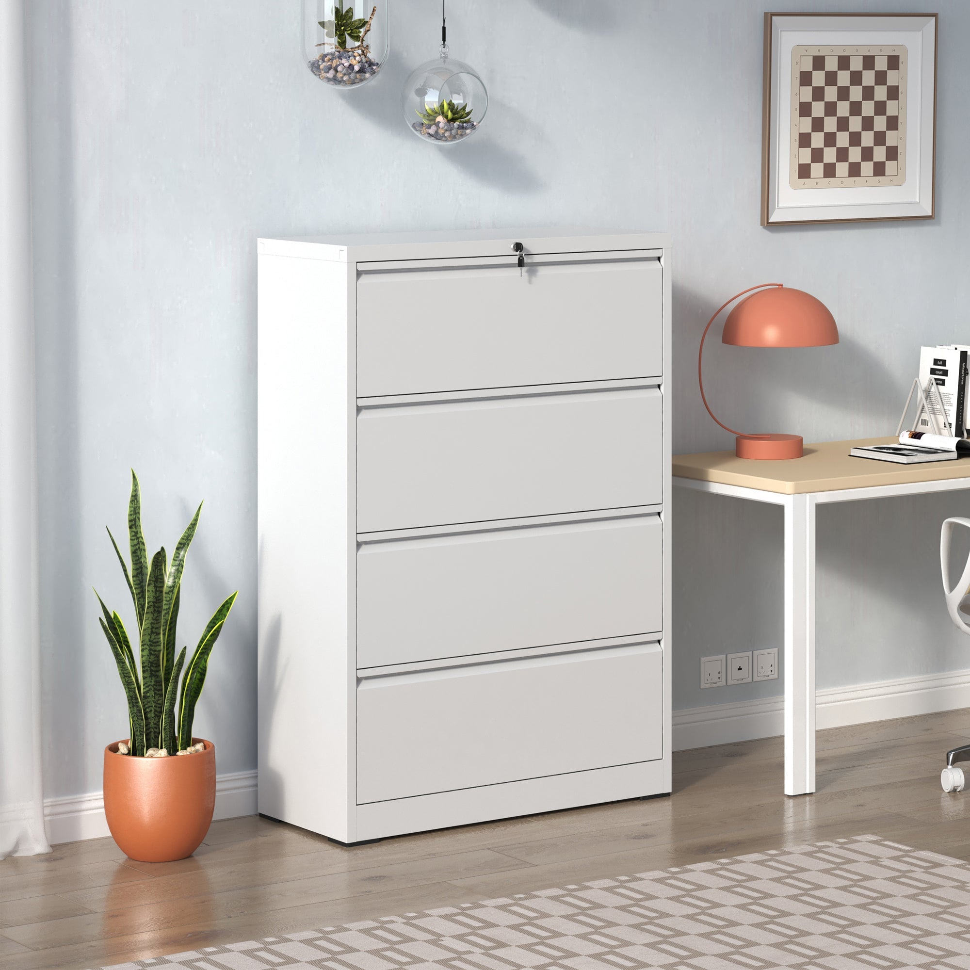 Modern Steel 4-Drawer Lateral File Cabinet with Lock, White Finish, Metal Construction, 35.43x15.75x52.28 inches