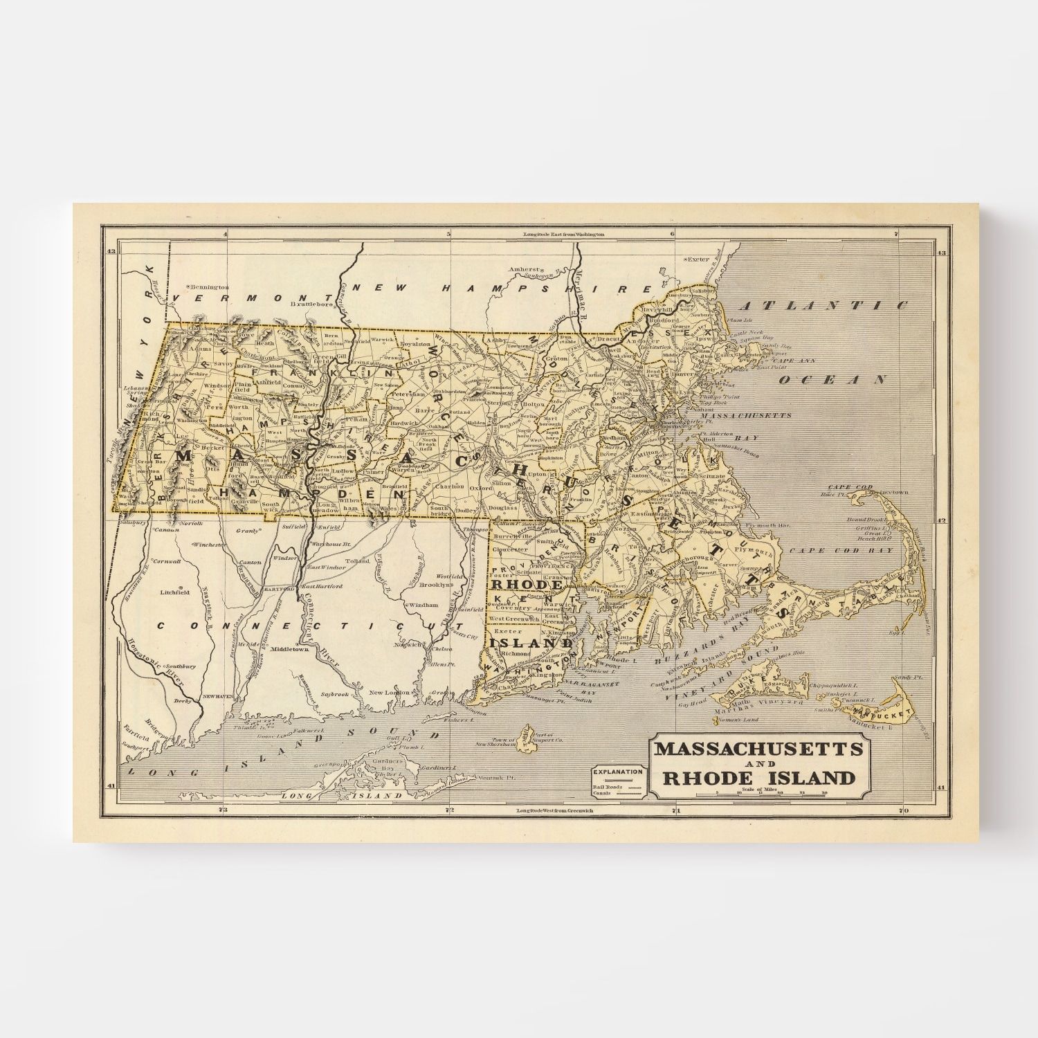 Vintage Map of Massachusetts & Rhode Island 1842