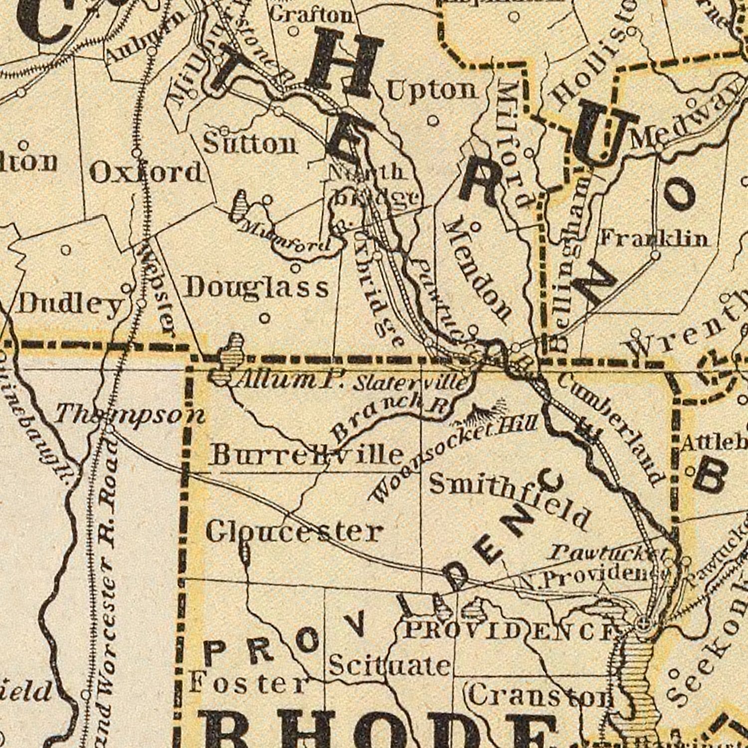 Vintage Map of Massachusetts & Rhode Island 1842