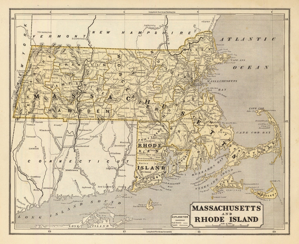 Vintage Map of Massachusetts & Rhode Island 1842