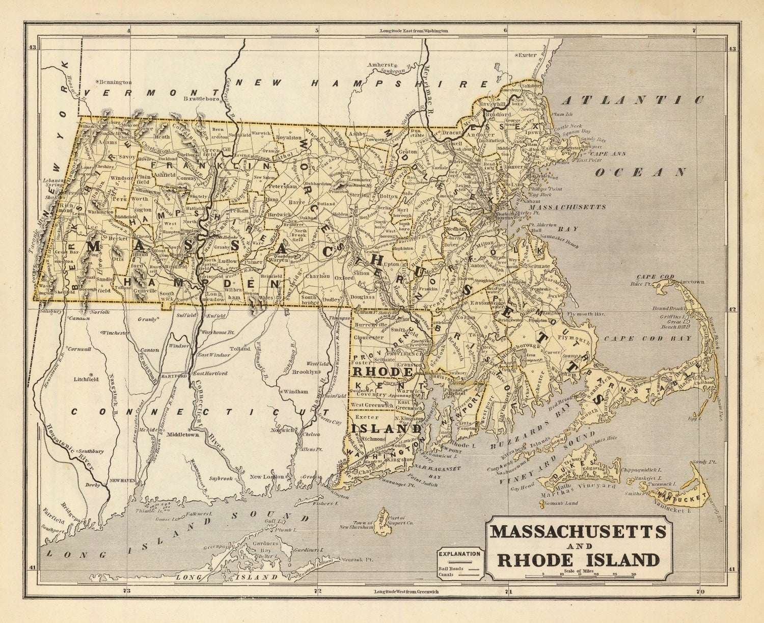 Vintage Map of Massachusetts & Rhode Island 1842