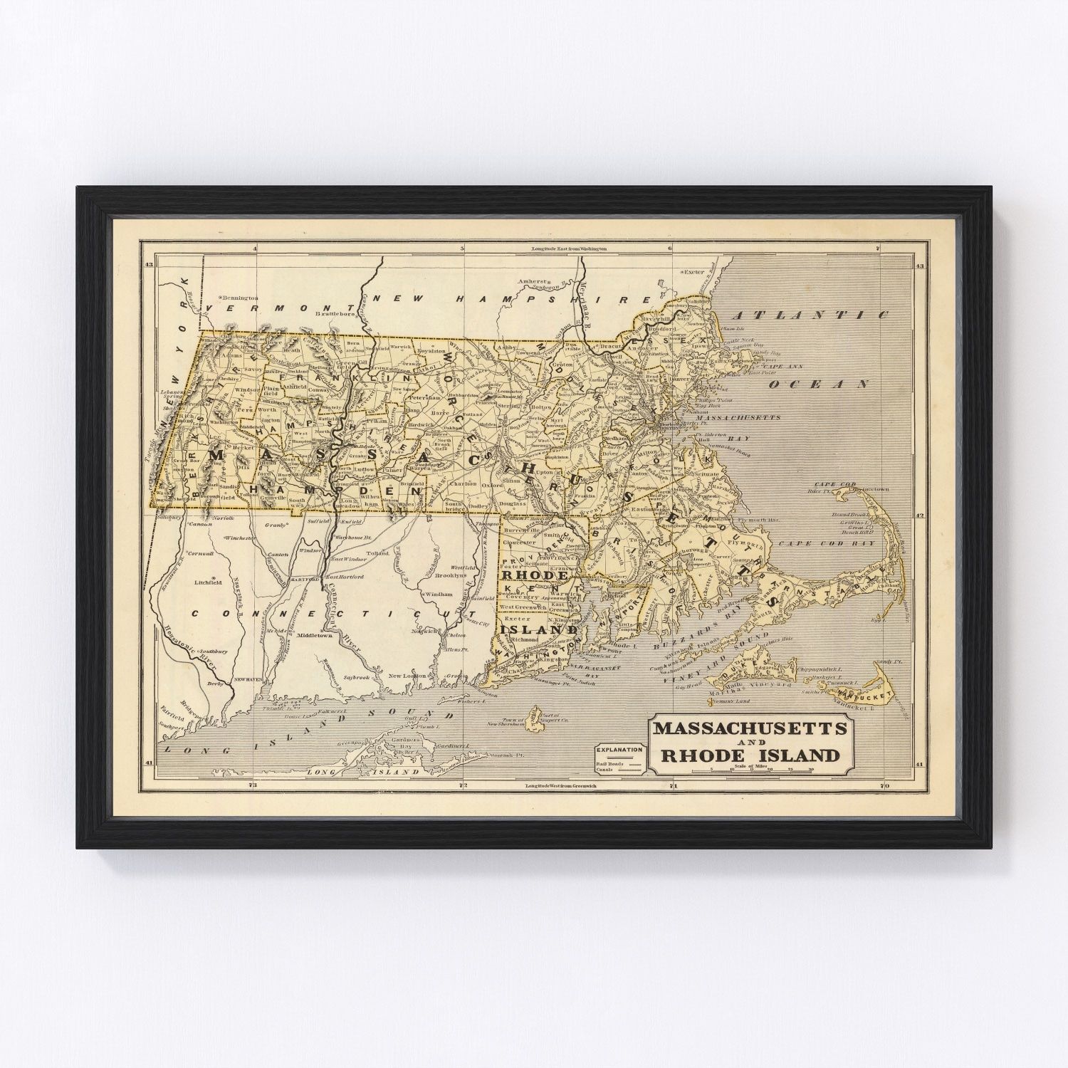 Vintage Map of Massachusetts & Rhode Island 1842