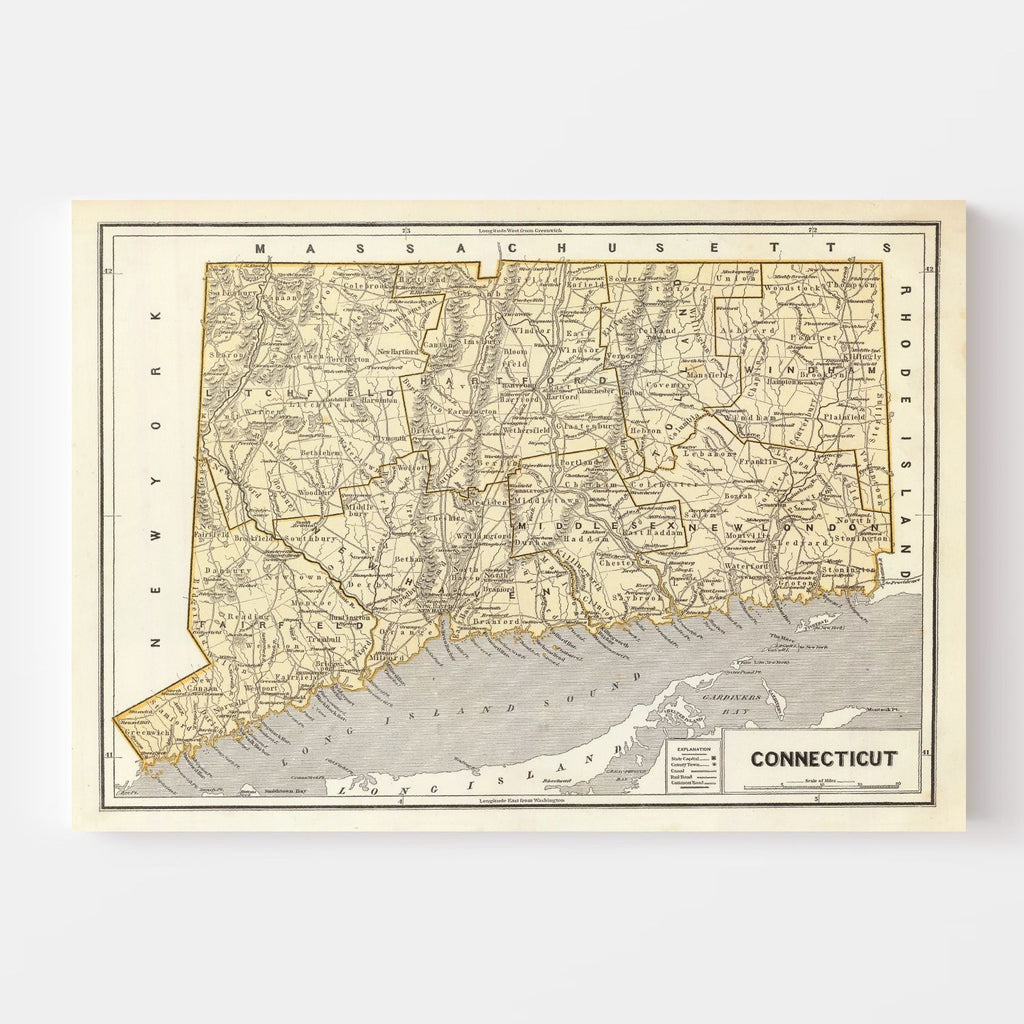 Vintage Map of Connecticut 1842