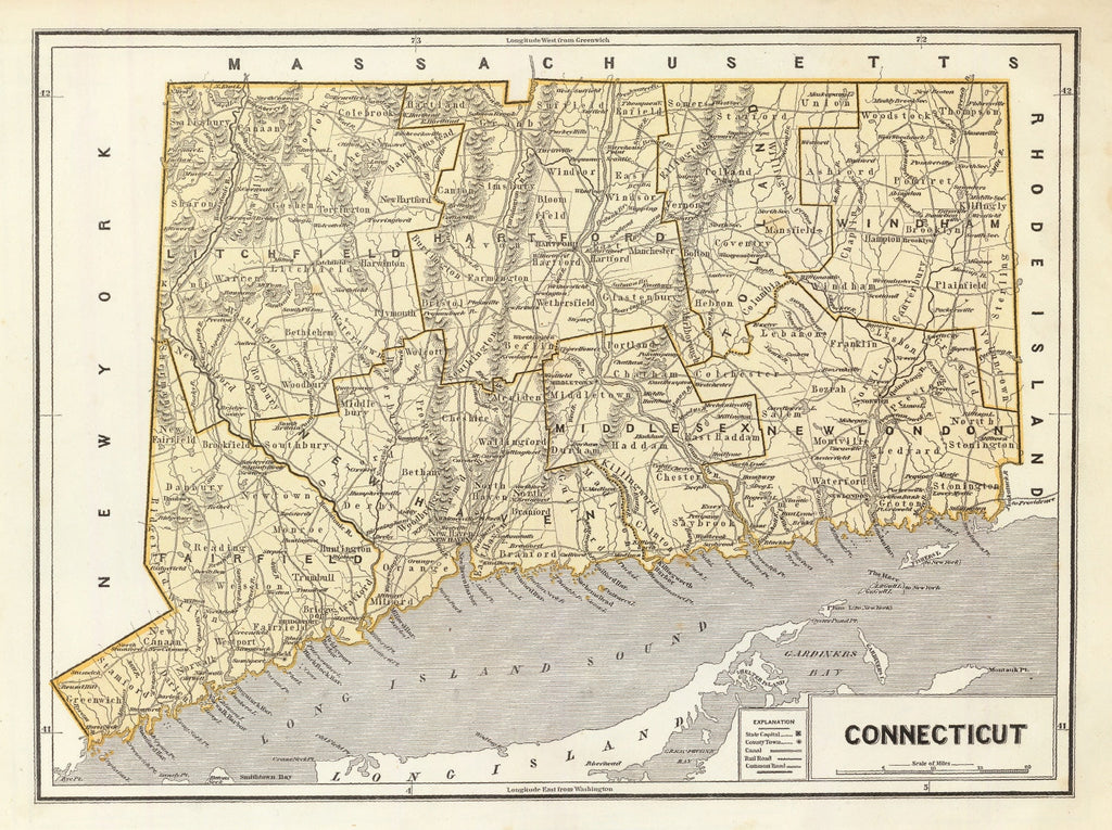 Vintage Map of Connecticut 1842