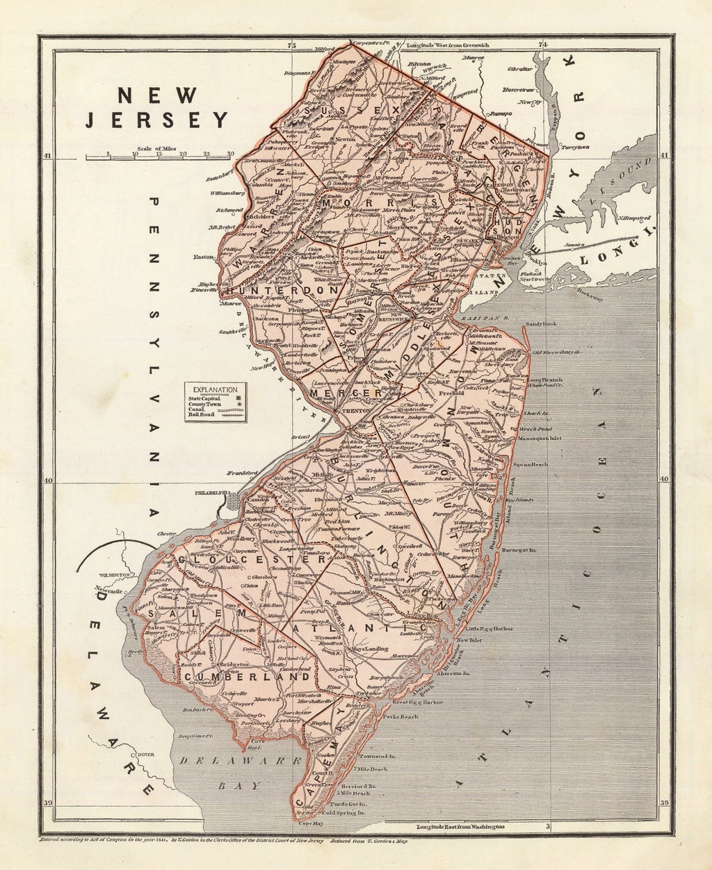Vintage Map of New Jersey 1842