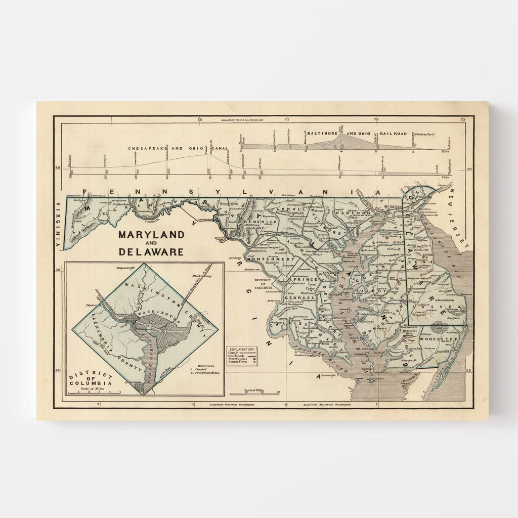 Vintage Map of Maryland & Delaware 1842