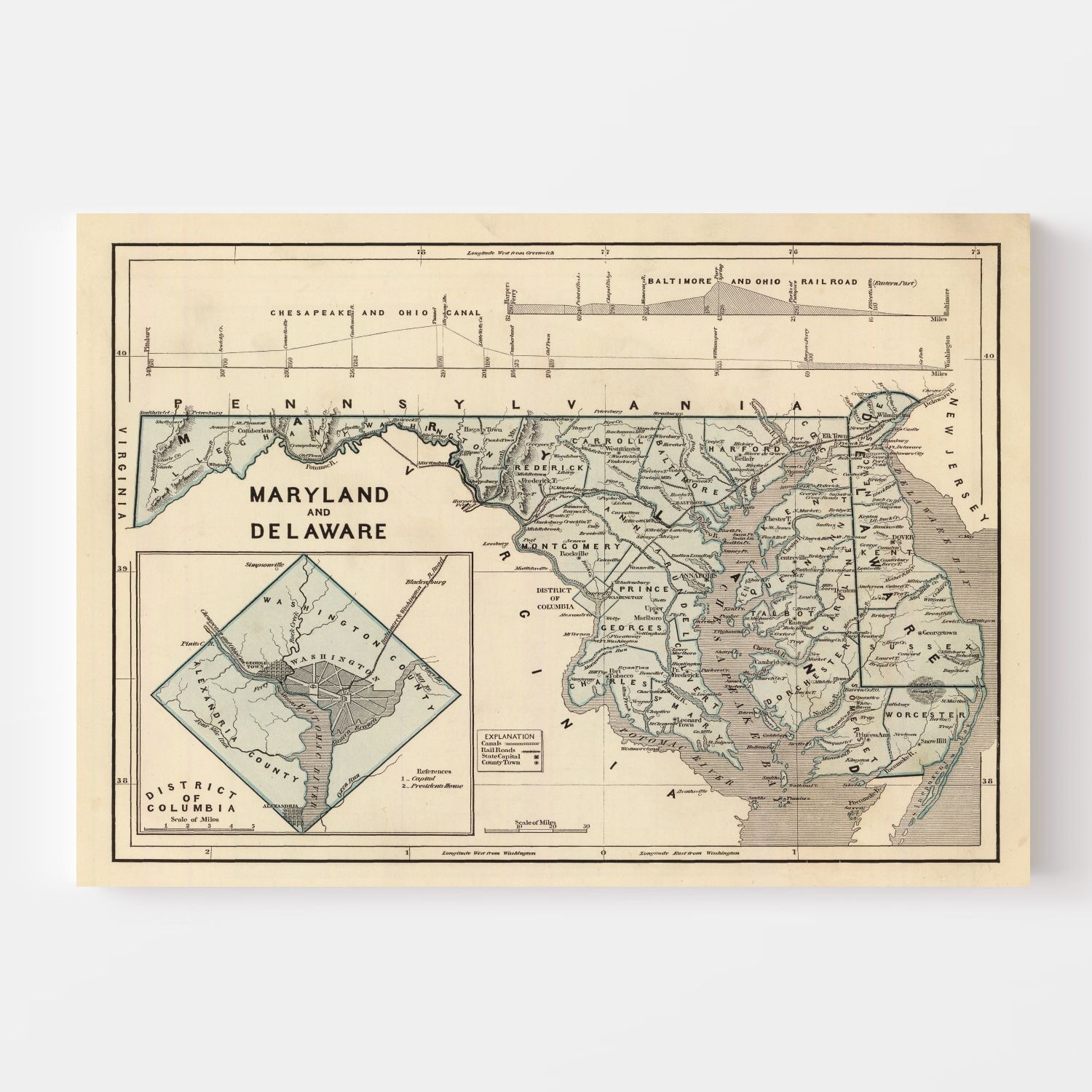 Vintage Map of Maryland & Delaware 1842